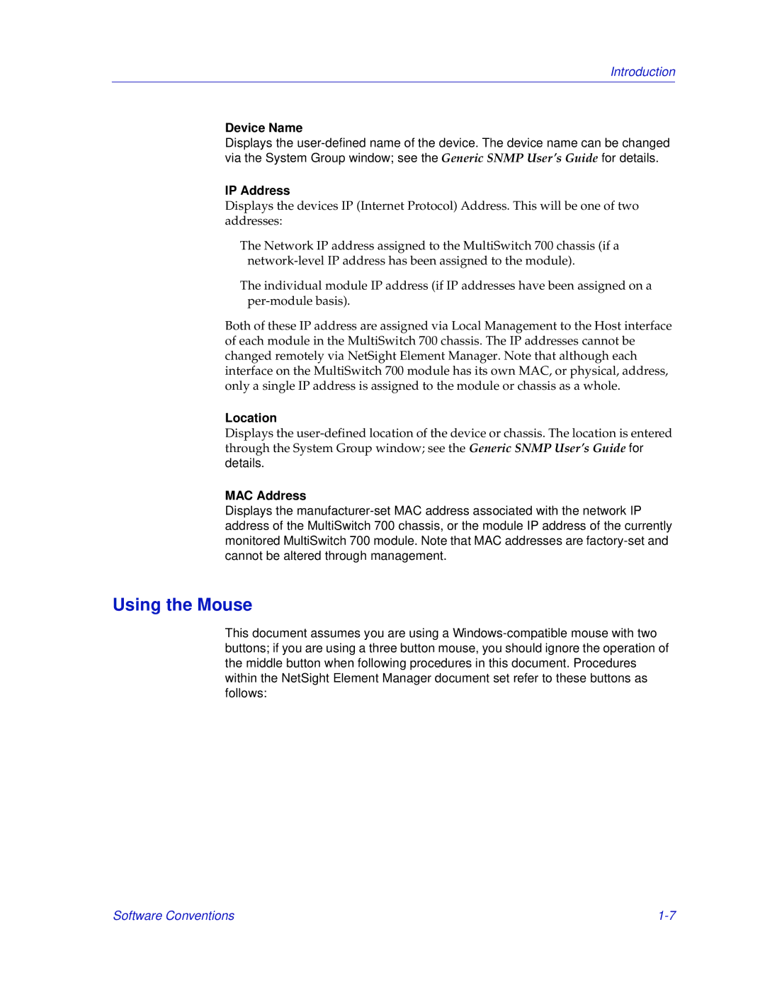 Enterasys Networks 700 manual Using the Mouse, Device Name, IP Address, Location, MAC Address 