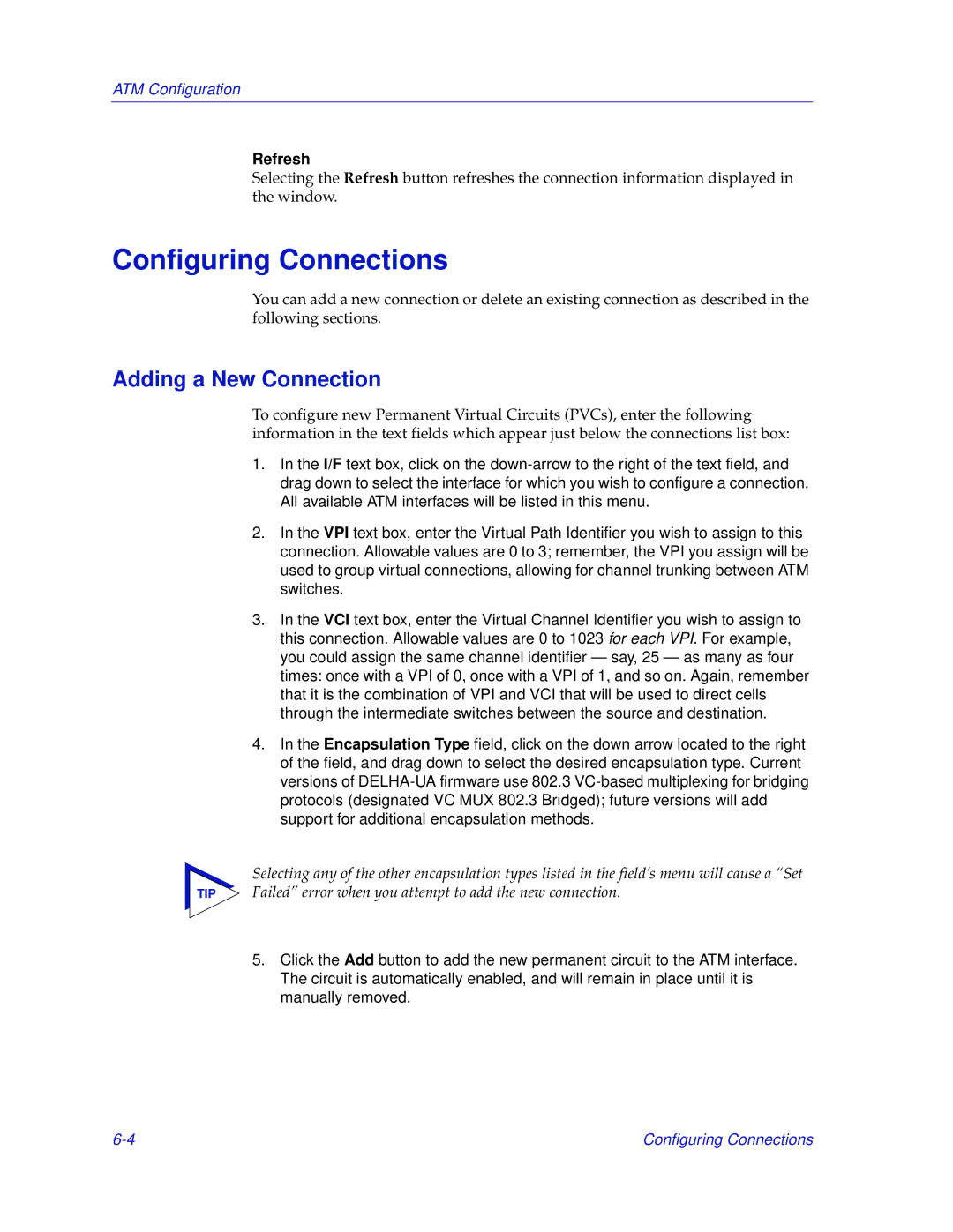 Enterasys Networks 700 manual Configuring Connections, Adding a New Connection, Refresh 