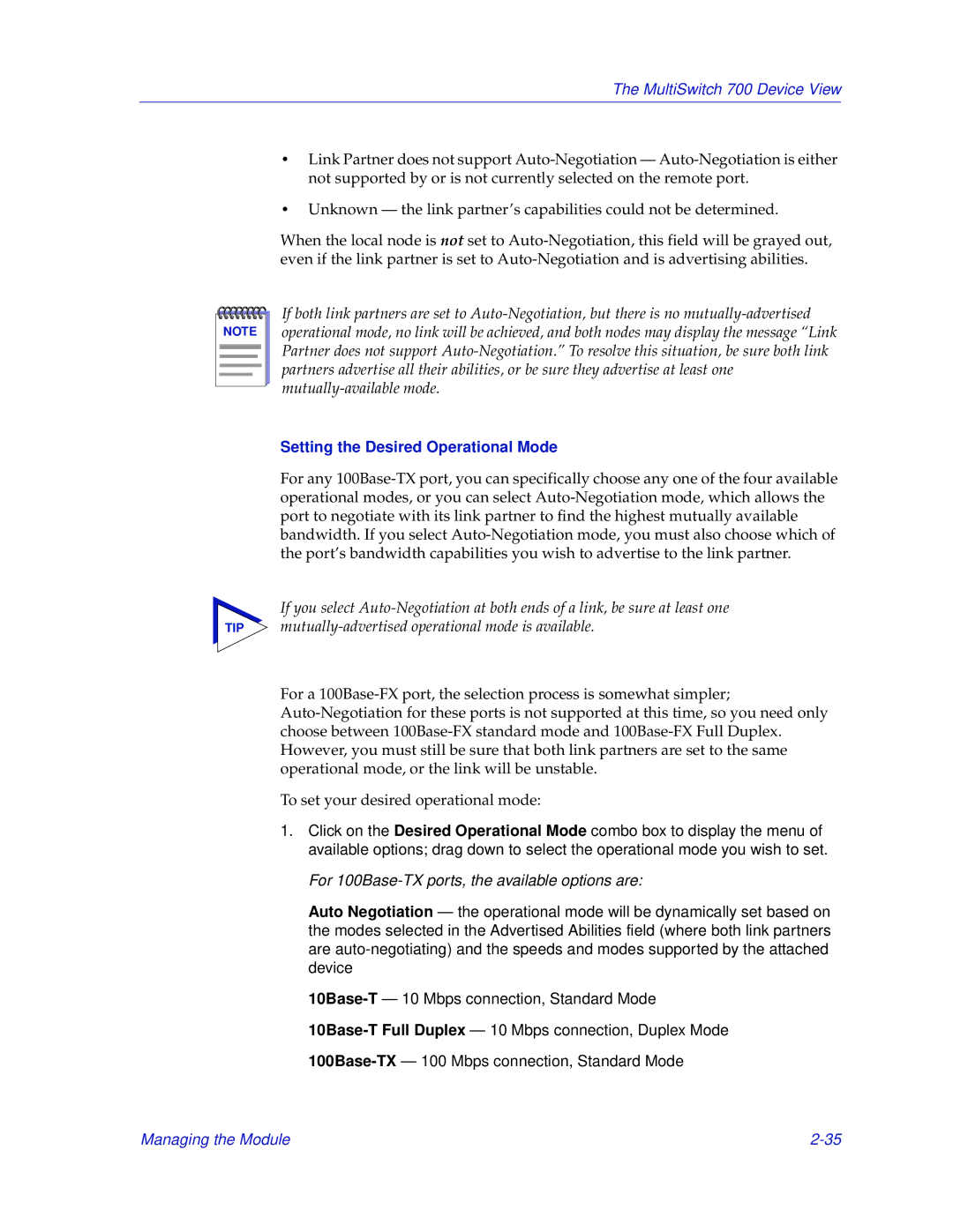 Enterasys Networks 700 manual Setting the Desired Operational Mode, For 100Base-TX ports, the available options are 