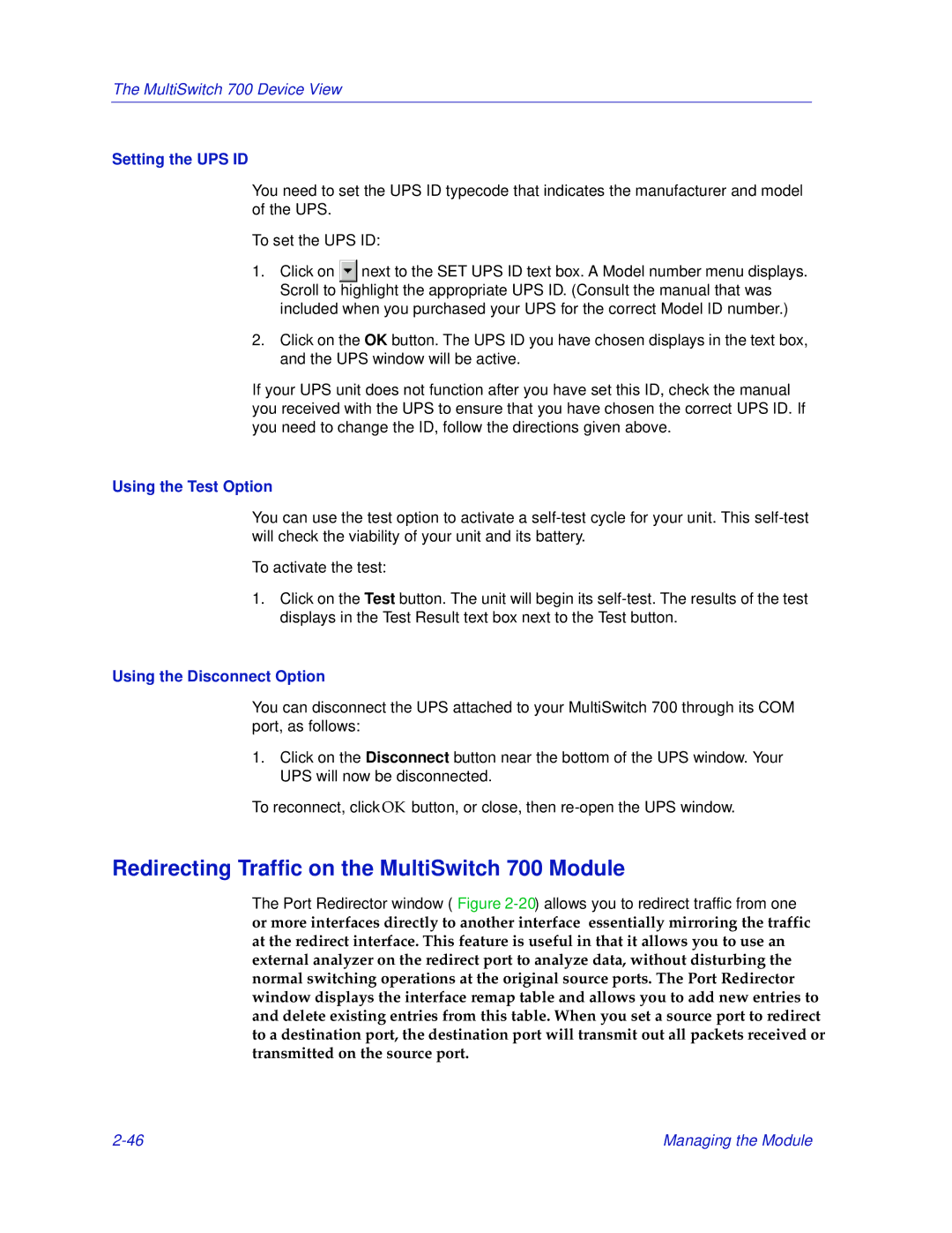 Enterasys Networks manual Redirecting Traffic on the MultiSwitch 700 Module, Setting the UPS ID, Using the Test Option 