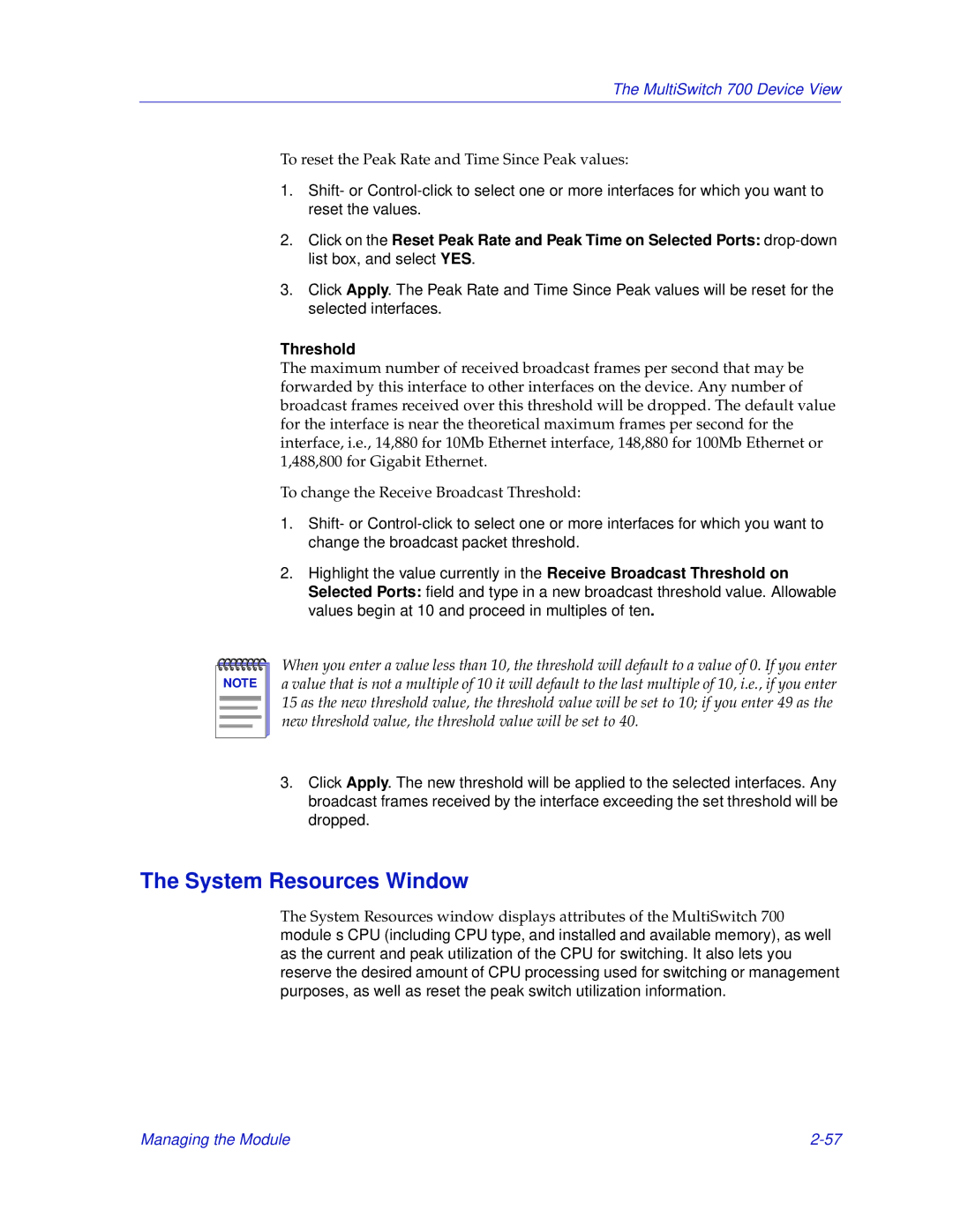 Enterasys Networks 700 manual System Resources Window, Threshold 