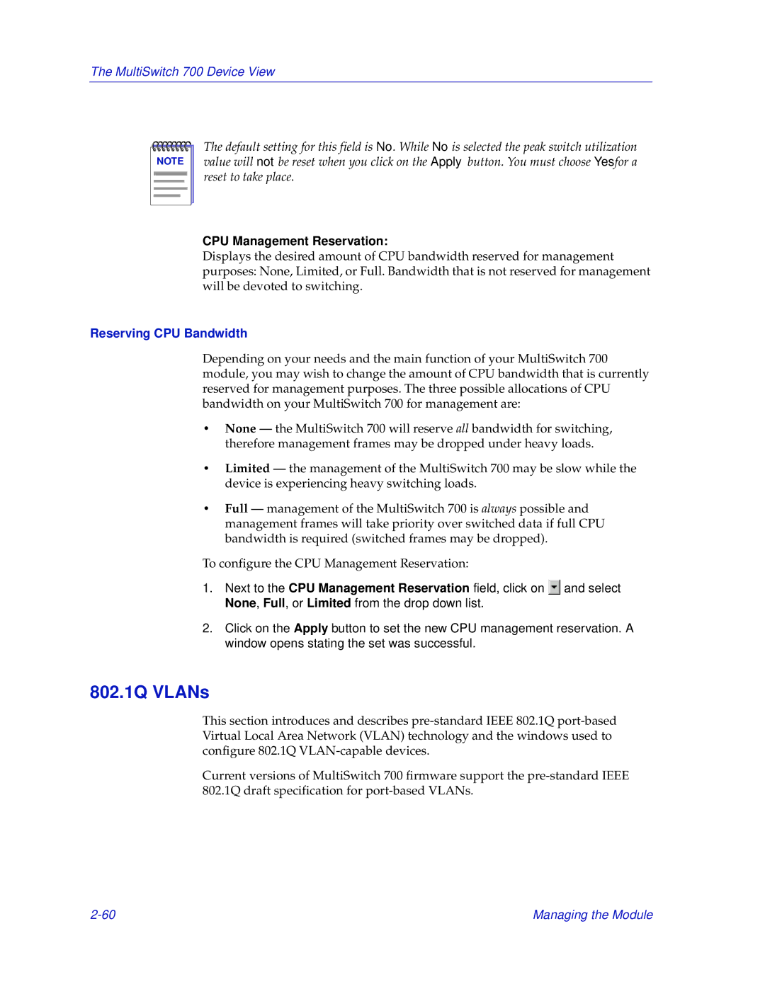 Enterasys Networks 700 manual 802.1Q VLANs, CPU Management Reservation, Reserving CPU Bandwidth 