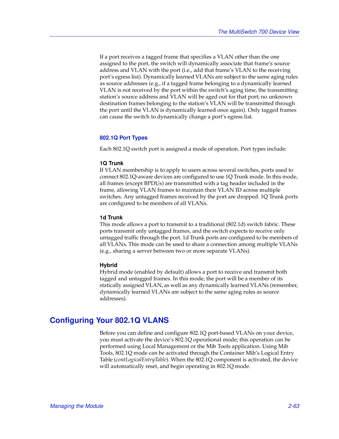 Enterasys Networks 700 manual Configuring Your 802.1Q Vlans, 802.1Q Port Types, 1Q Trunk, 1d Trunk, Hybrid 