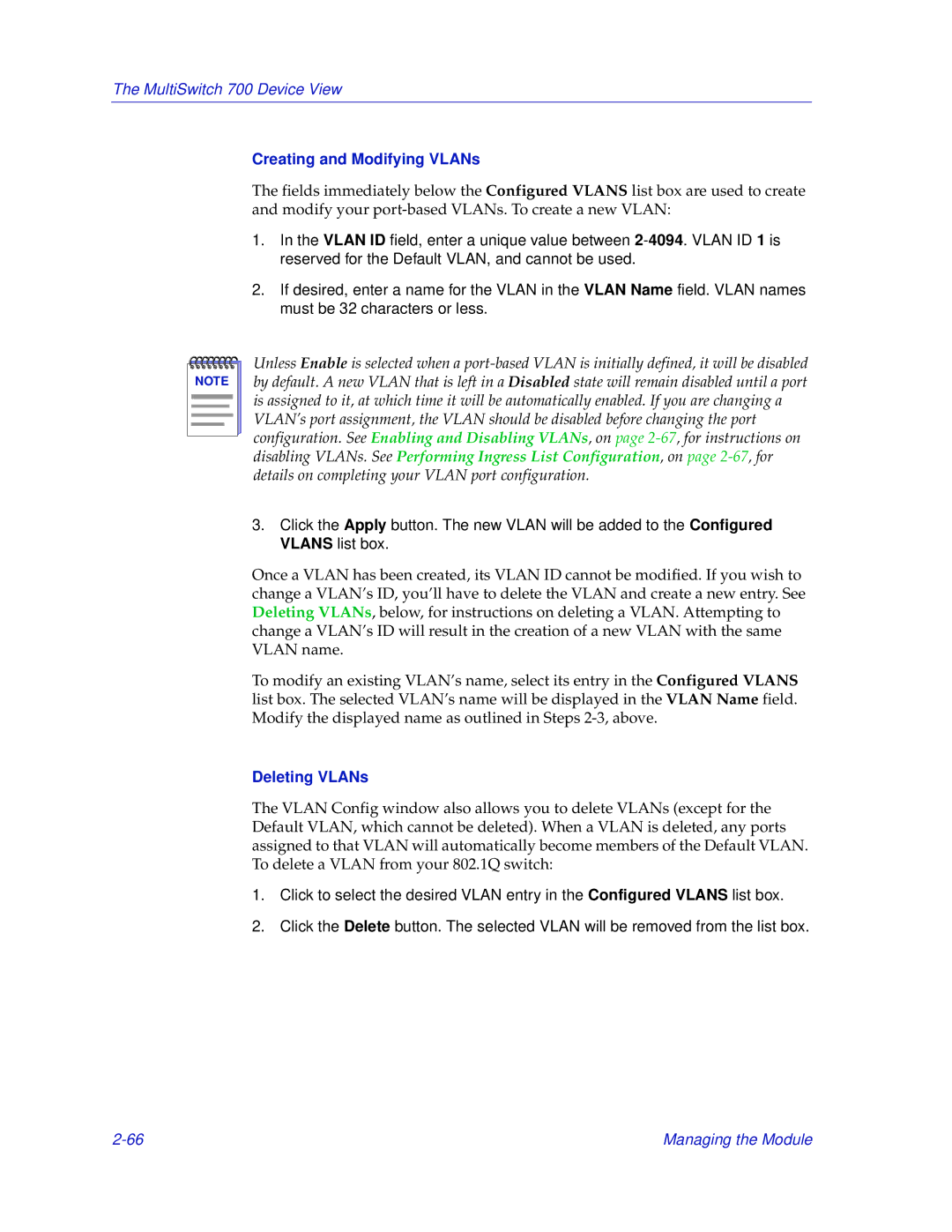 Enterasys Networks 700 manual Creating and Modifying VLANs, Deleting VLANs 