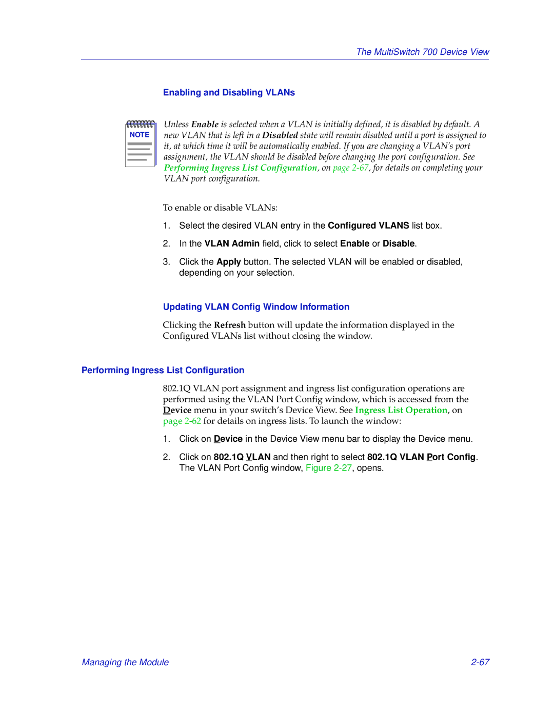 Enterasys Networks 700 manual Enabling and Disabling VLANs, Updating Vlan Config Window Information 