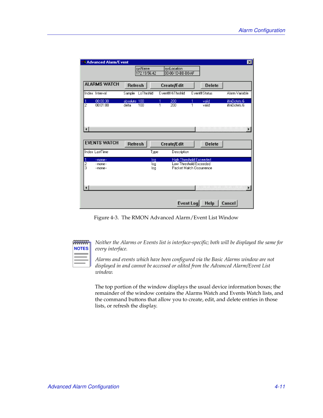 Enterasys Networks 700 manual Rmon Advanced Alarm/Event List Window 