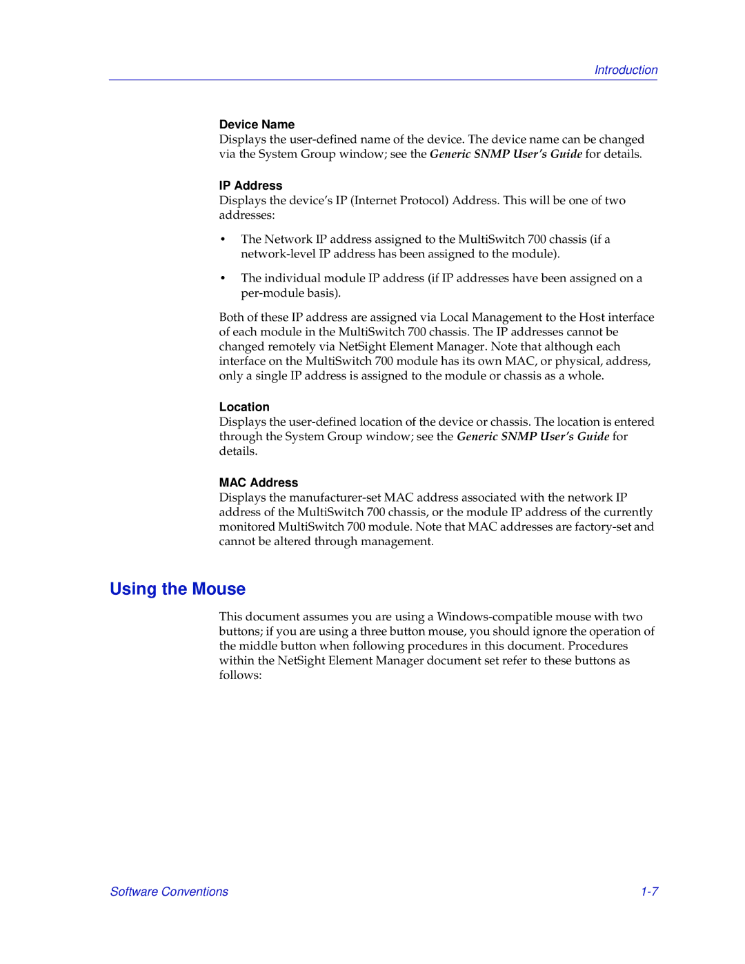 Enterasys Networks 700 manual Using the Mouse, Device Name, IP Address, Location, MAC Address 