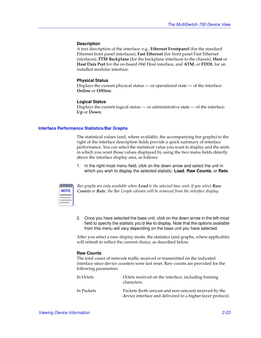 Enterasys Networks 700 manual Description, Physical Status, Logical Status, Interface Performance Statistics/Bar Graphs 