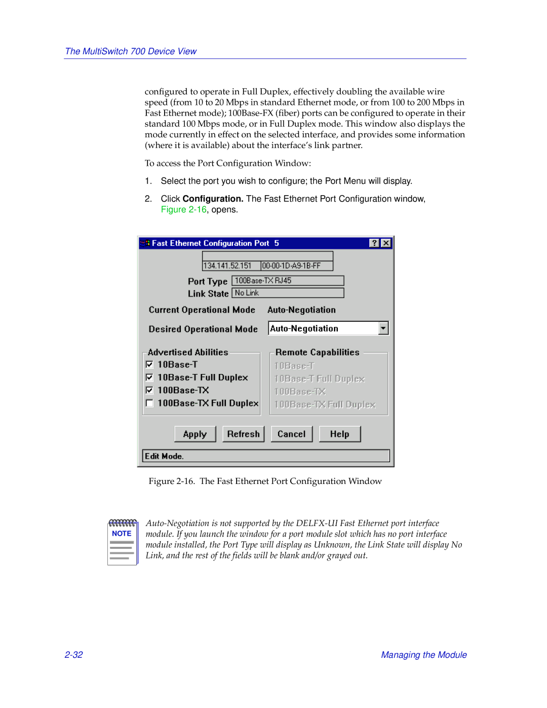 Enterasys Networks 700 manual The Fast Ethernet Port Configuration Window 