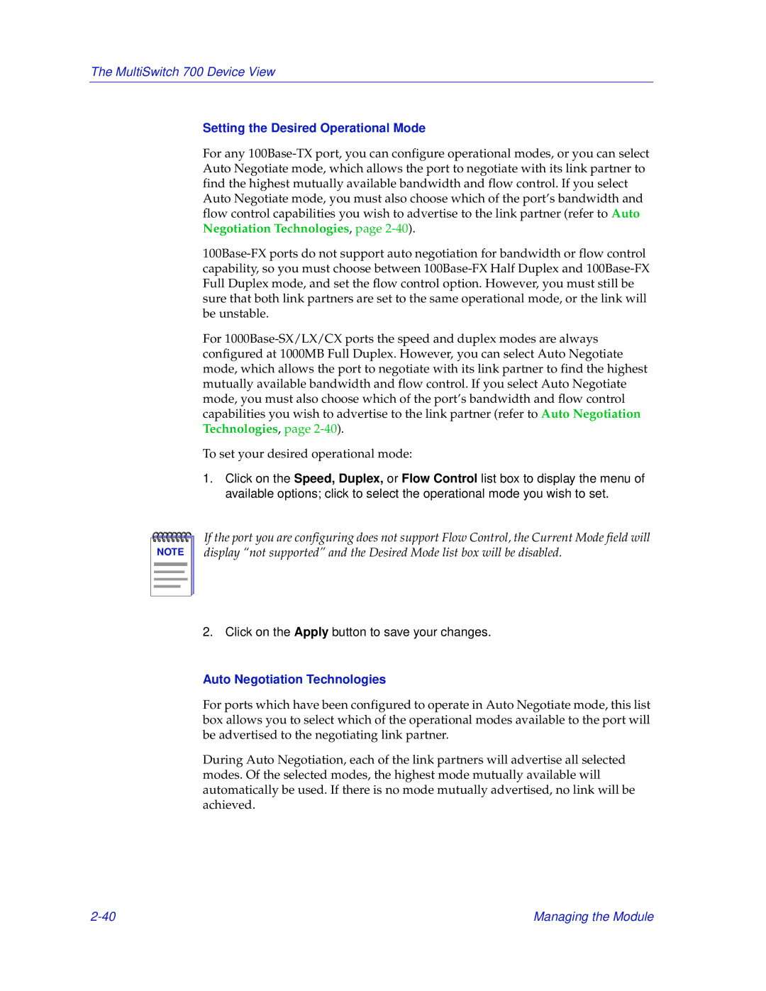 Enterasys Networks 700 manual Setting the Desired Operational Mode, Auto Negotiation Technologies 