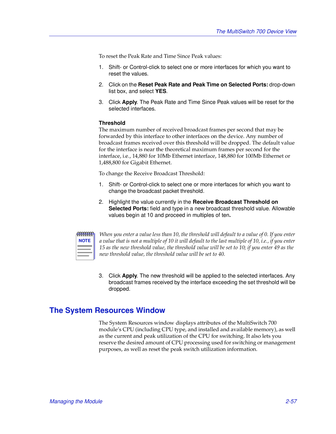 Enterasys Networks 700 manual System Resources Window, Threshold 