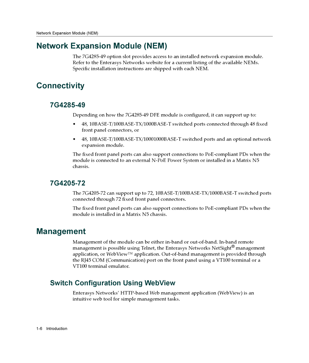 Enterasys Networks 7G4205-72 Network Expansion Module NEM, Connectivity, Management, Switch Configuration Using WebView 