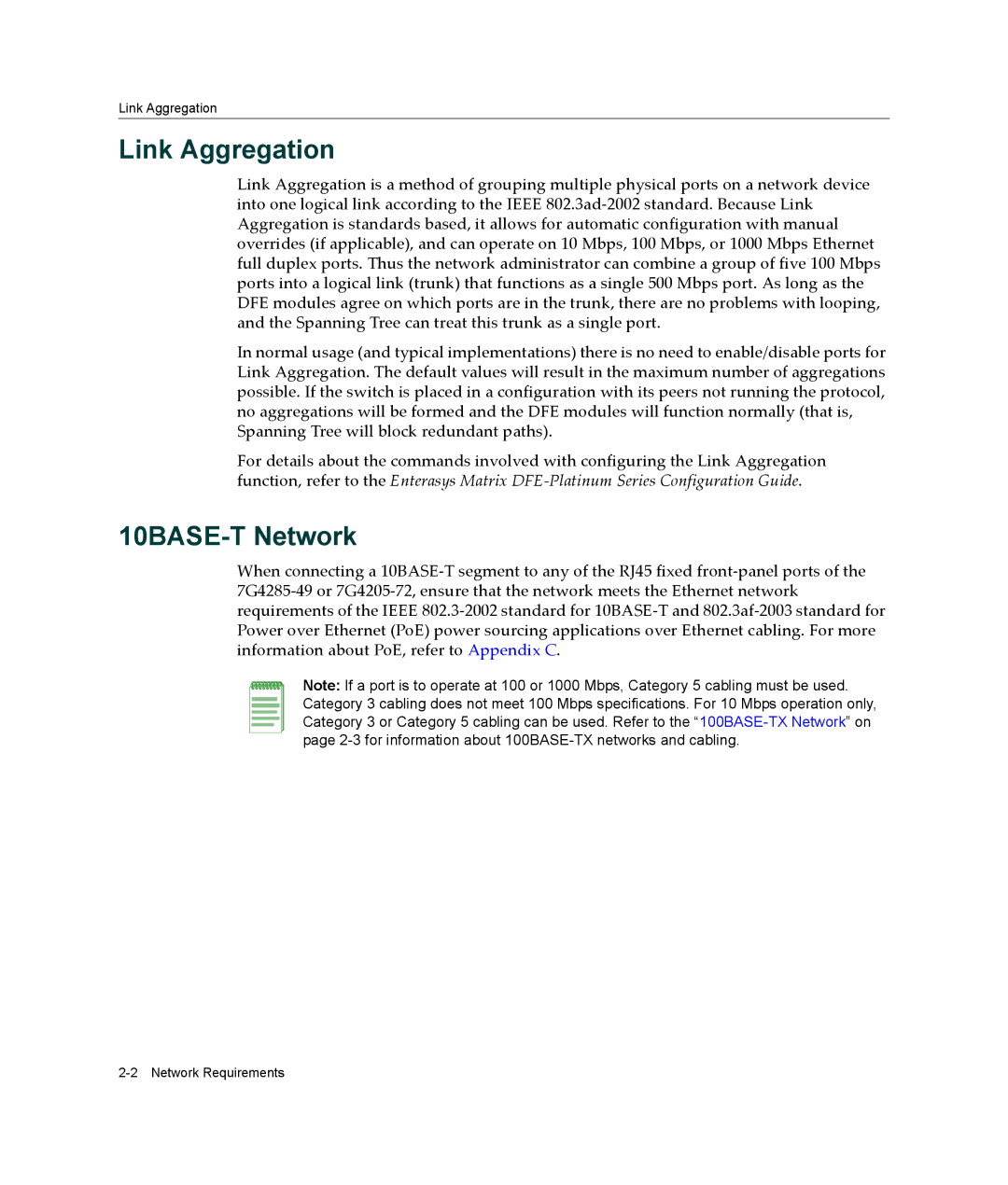 Enterasys Networks 7G4205-72, 7G4285-49 manual Link Aggregation, 10BASE-T Network 