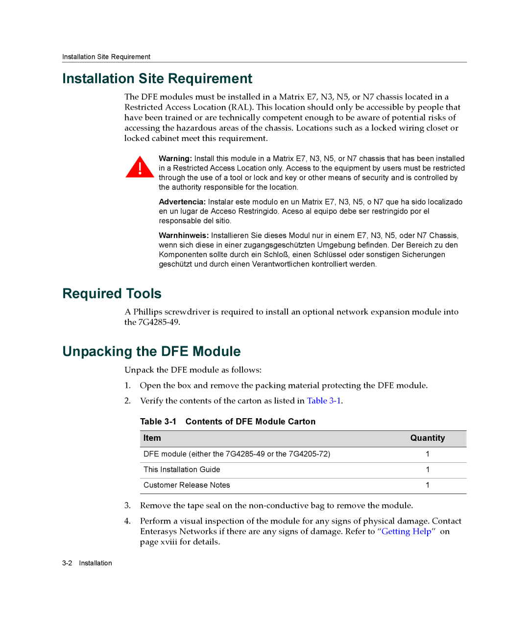 Enterasys Networks 7G4205-72, 7G4285-49 manual Installation Site Requirement, Required Tools, Unpacking the DFE Module 