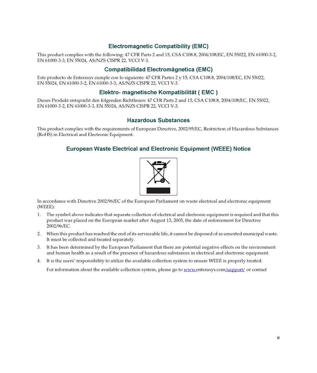 Enterasys Networks 7G4285-49 Electromagnetic Compatibility EMC, Compatibilidad Electromágnetica EMC, Hazardous Substances 