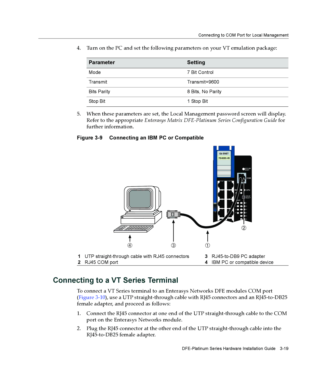 Enterasys Networks 7G4285-49, 7G4205-72 manual Connecting to a VT Series Terminal, Parameter Setting 