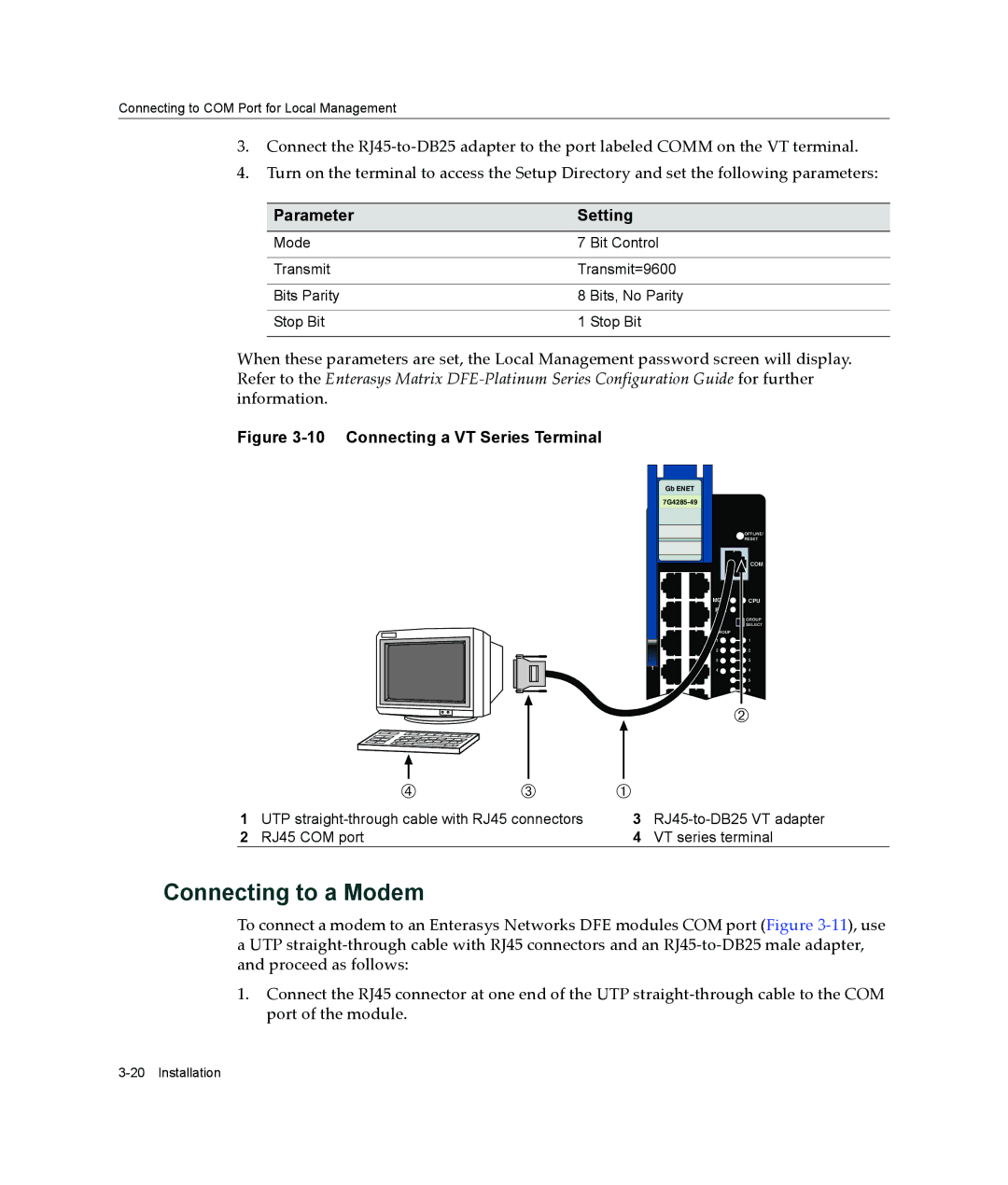 Enterasys Networks 7G4205-72, 7G4285-49 manual Connecting to a Modem, Connecting a VT Series Terminal 