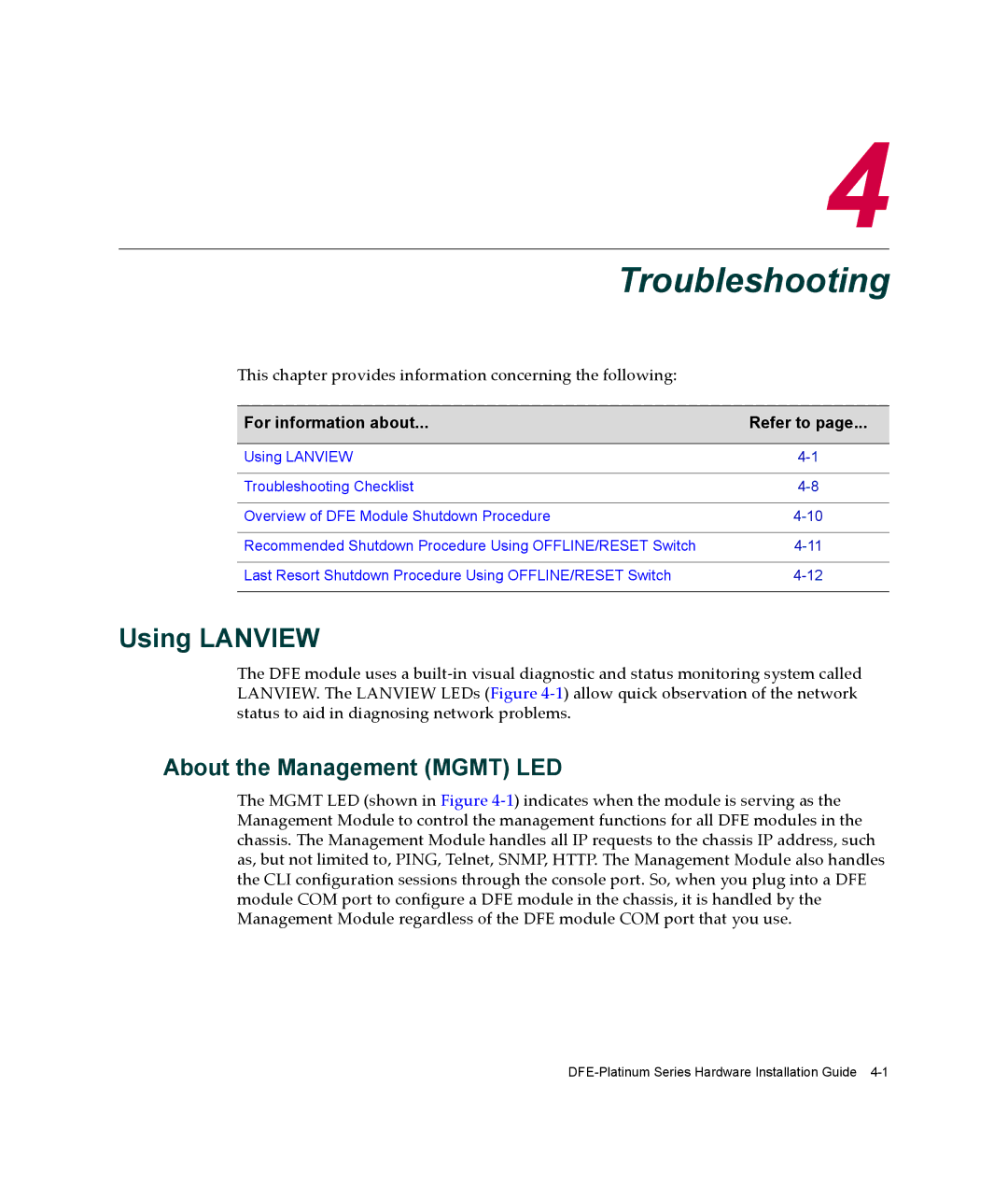 Enterasys Networks 7G4285-49, 7G4205-72 manual Troubleshooting, Using Lanview, About the Management Mgmt LED 