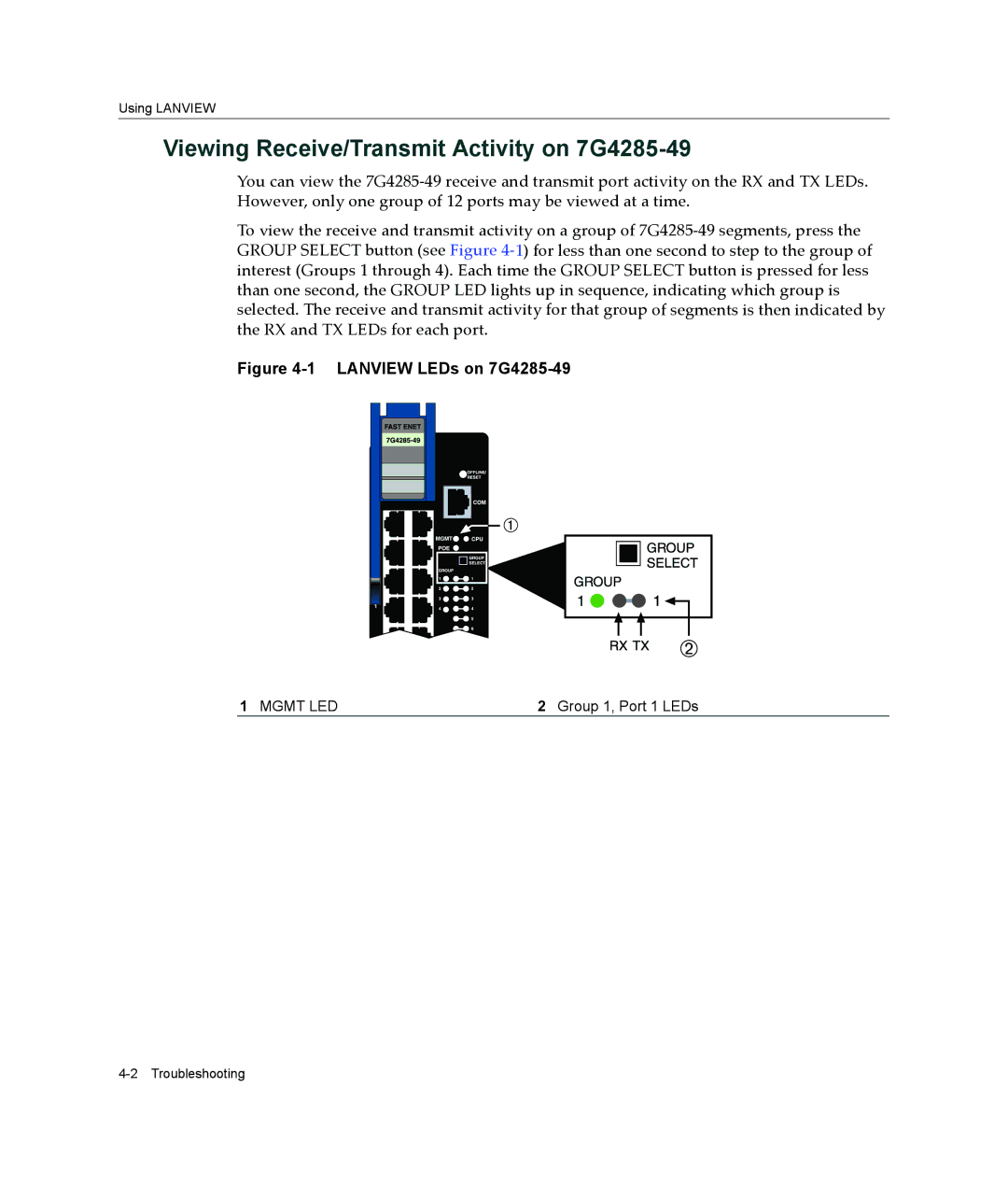 Enterasys Networks 7G4205-72 manual Viewing Receive/Transmit Activity on 7G4285-49, Lanview LEDs on 7G4285-49 