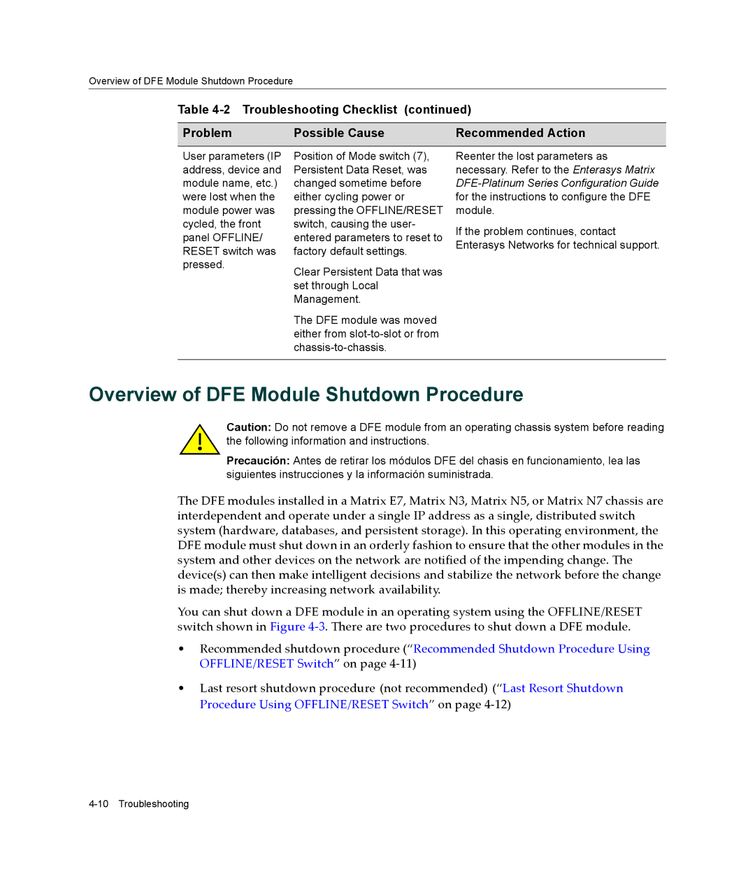 Enterasys Networks 7G4205-72, 7G4285-49 manual Overview of DFE Module Shutdown Procedure 