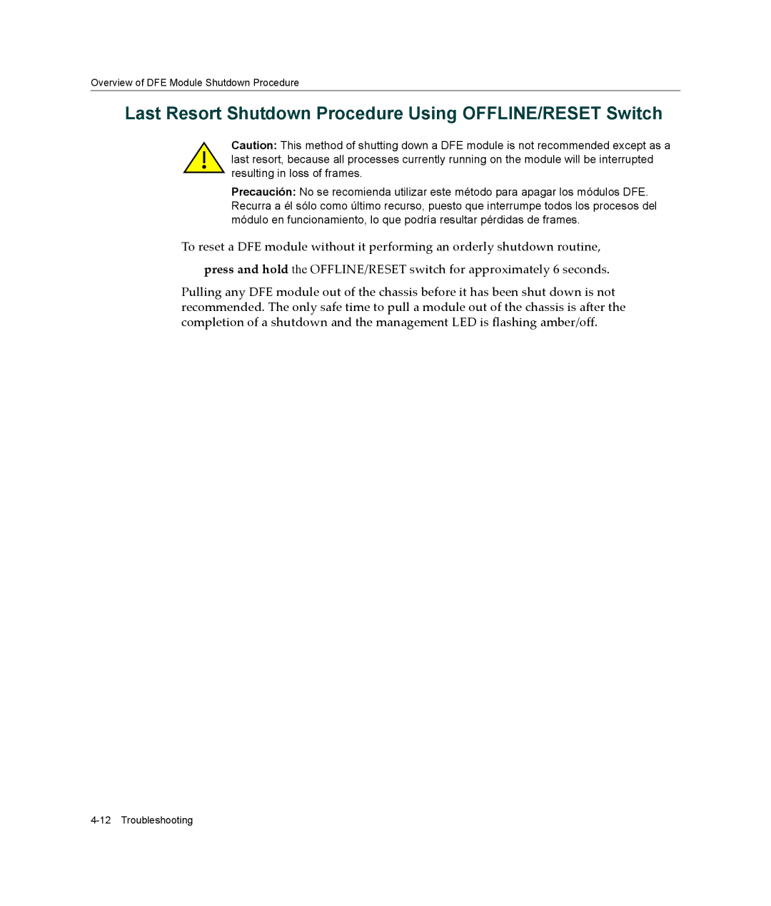 Enterasys Networks 7G4205-72, 7G4285-49 manual Last Resort Shutdown Procedure Using OFFLINE/RESET Switch 