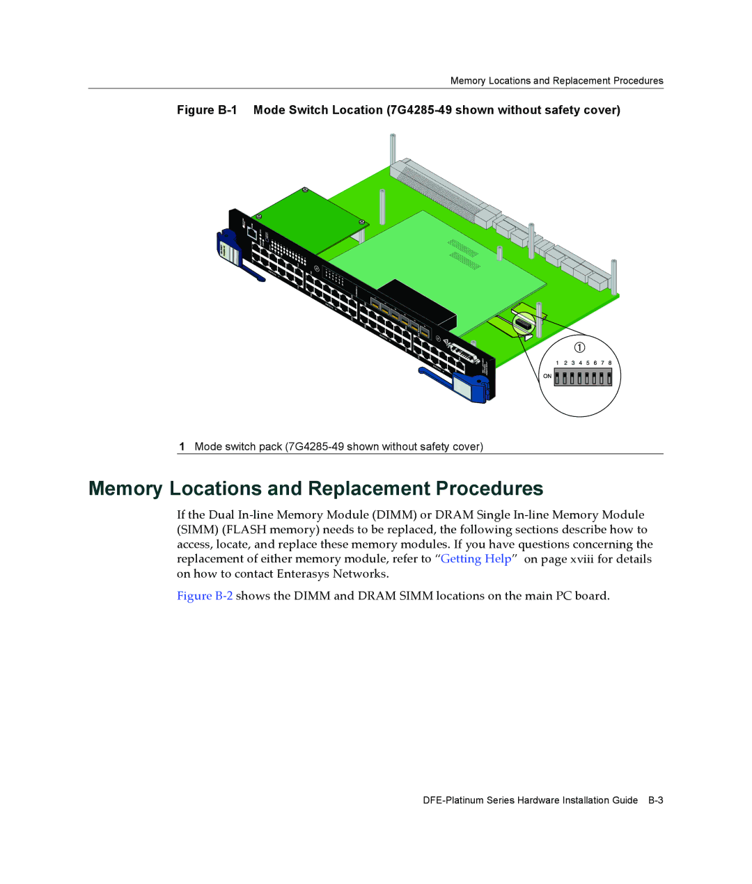 Enterasys Networks 7G4285-49, 7G4205-72 manual Memory Locations and Replacement Procedures 