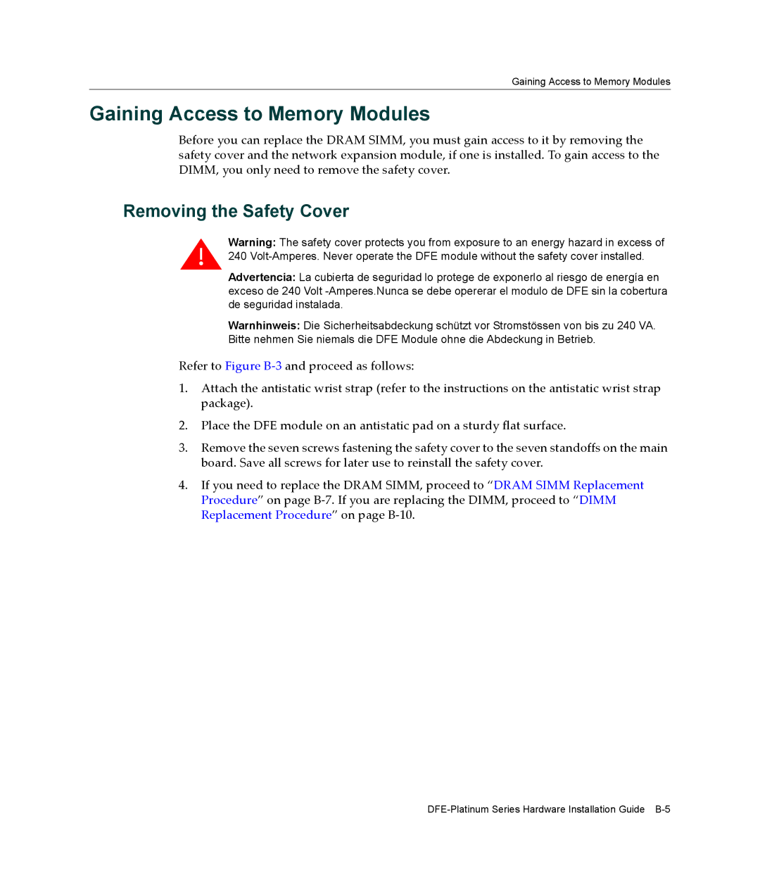 Enterasys Networks 7G4285-49, 7G4205-72 manual Gaining Access to Memory Modules, Removing the Safety Cover 