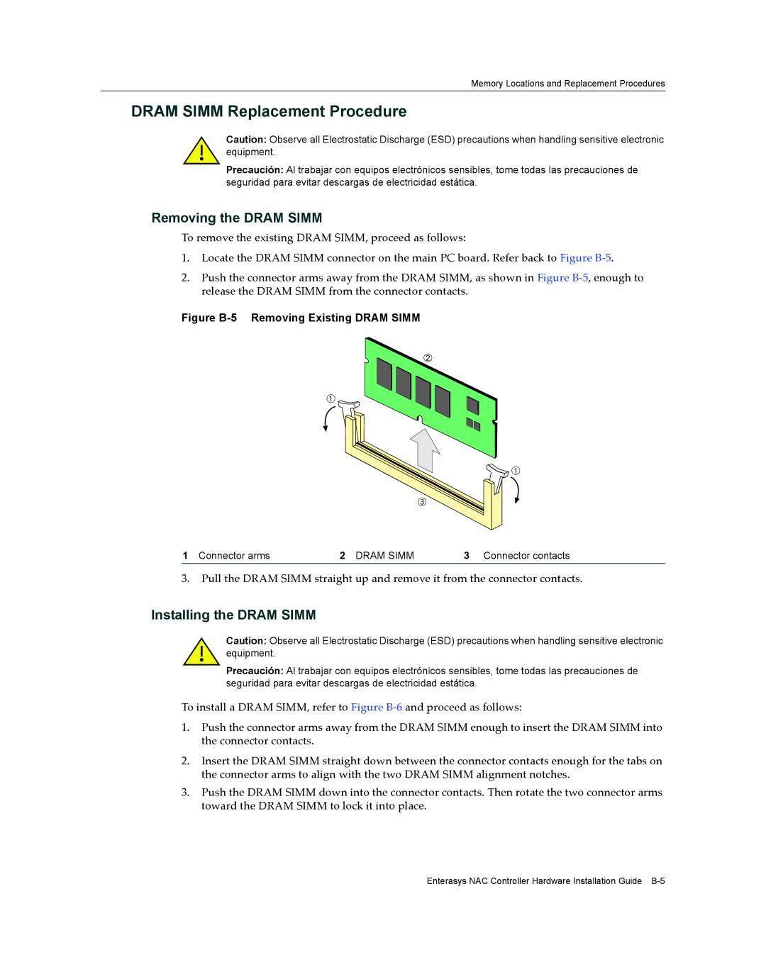 Enterasys Networks 2S4082-25-SYS manual Dram Simm Replacement Procedure, Removing the Dram Simm, Installing the Dram Simm 