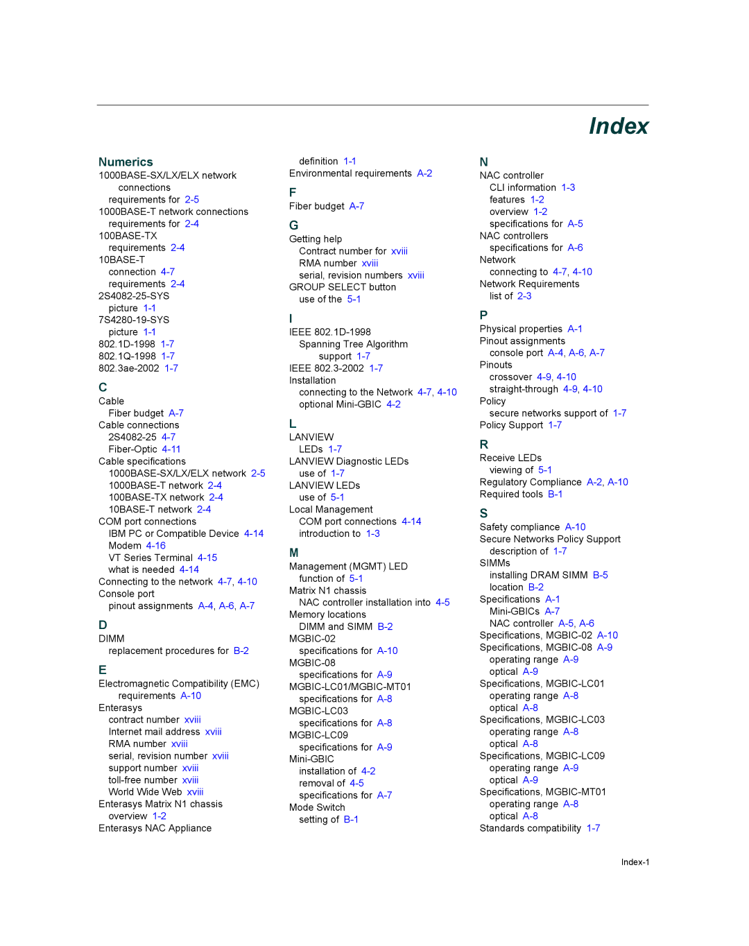 Enterasys Networks 2S4082-25-SYS, 7S4280-19-SYS manual Index, Numerics 