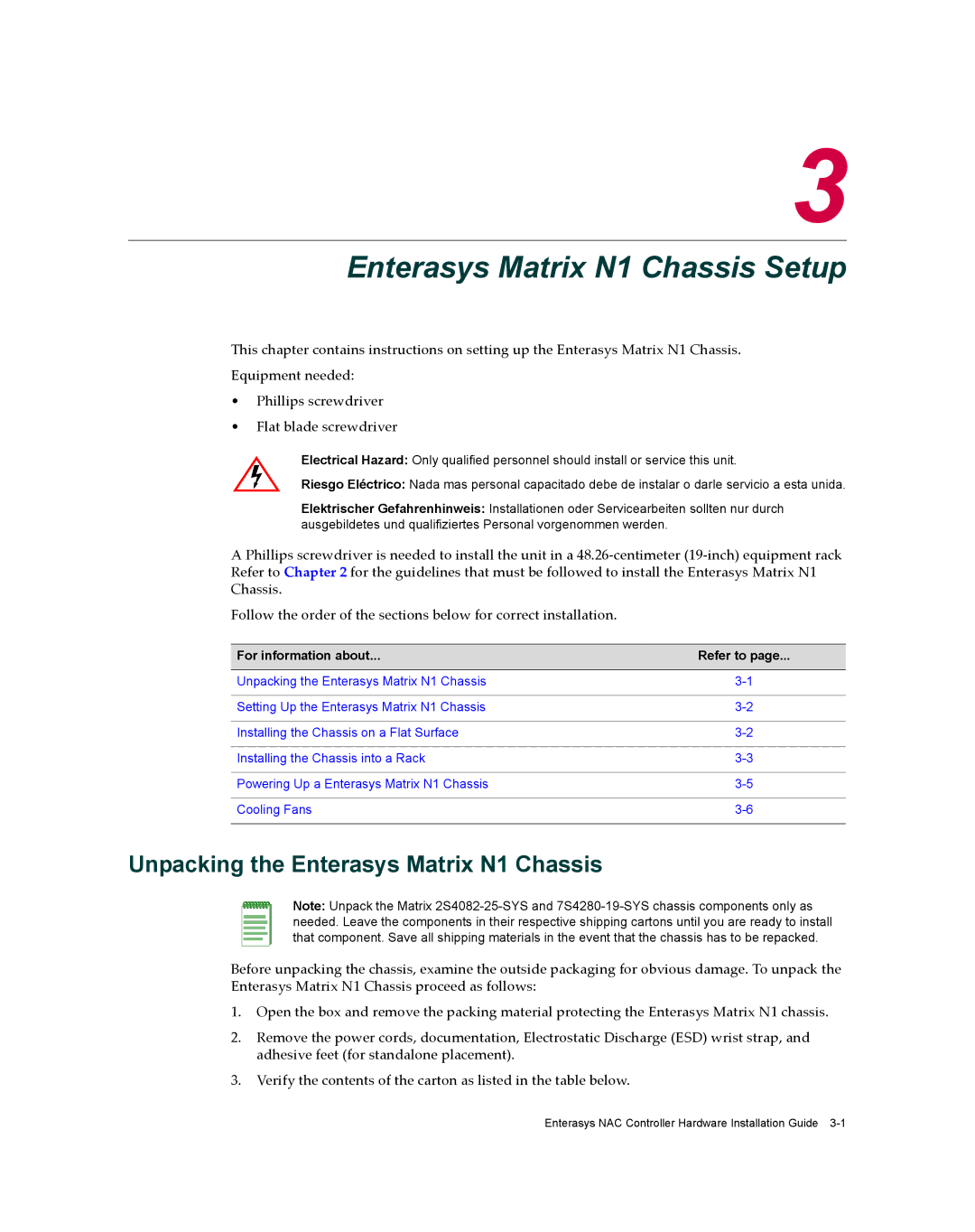 Enterasys Networks 2S4082-25-SYS manual Enterasys Matrix N1 Chassis Setup, Unpacking the Enterasys Matrix N1 Chassis 