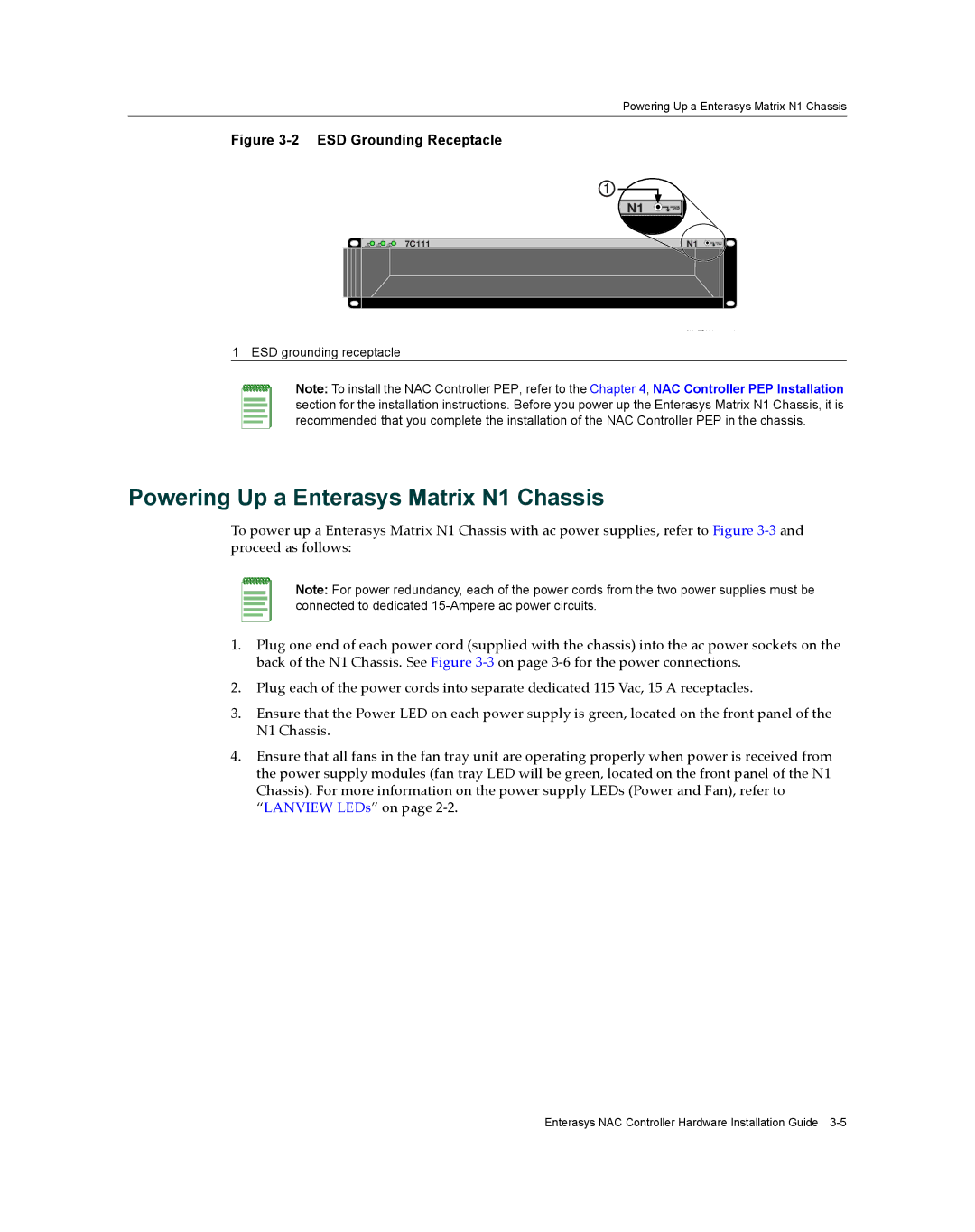 Enterasys Networks 2S4082-25-SYS, 7S4280-19-SYS manual Powering Up a Enterasys Matrix N1 Chassis, ESD Grounding Receptacle 