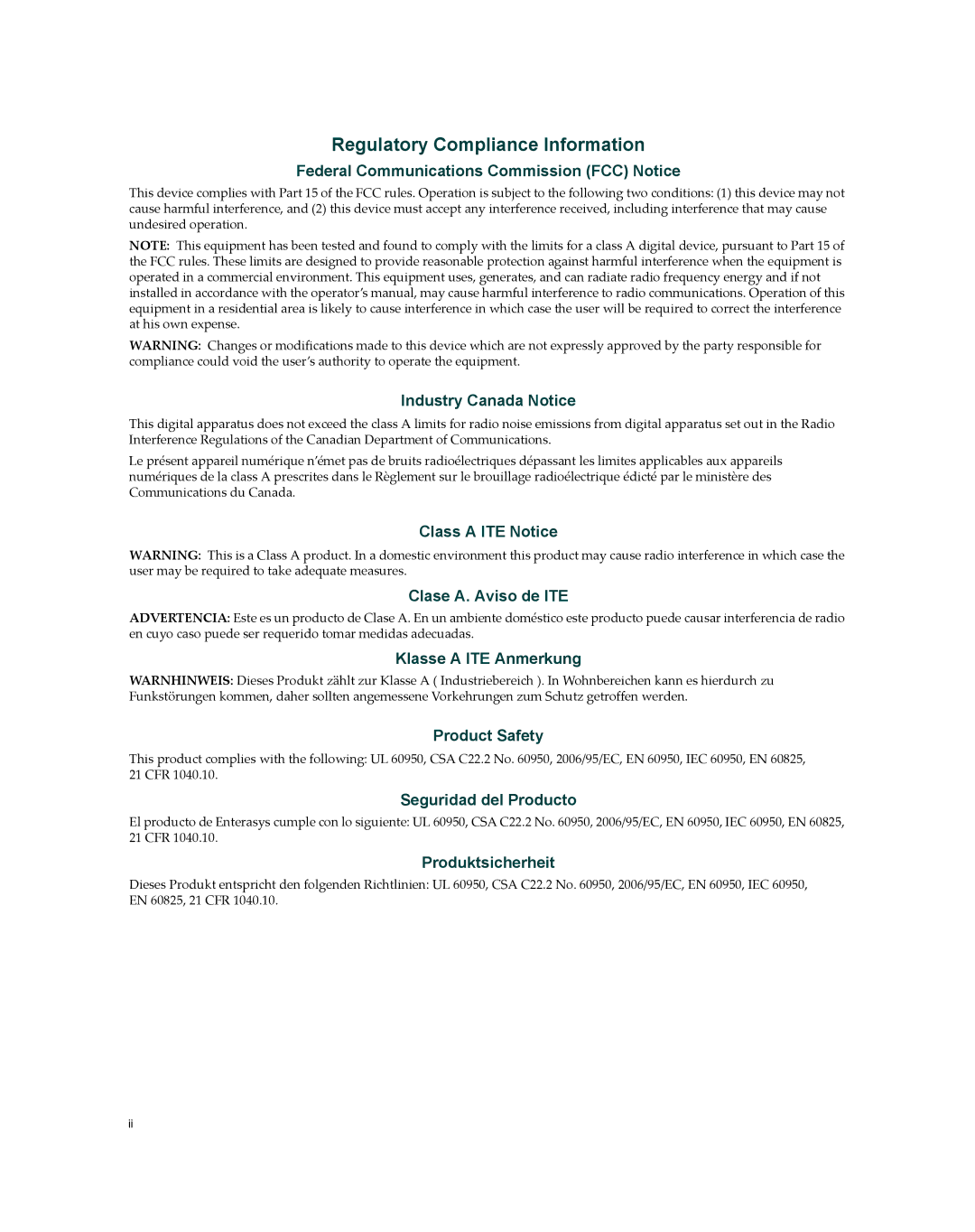 Enterasys Networks 7S4280-19-SYS, 2S4082-25-SYS manual Regulatory Compliance Information 