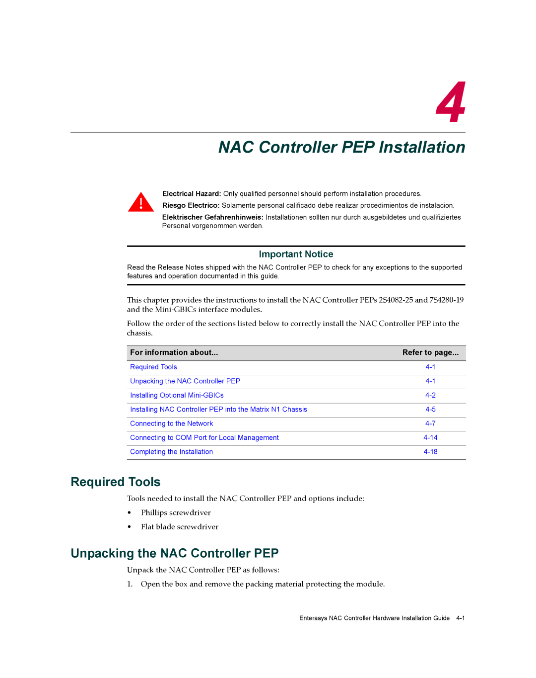 Enterasys Networks 2S4082-25-SYS manual NAC Controller PEP Installation, Required Tools, Unpacking the NAC Controller PEP 