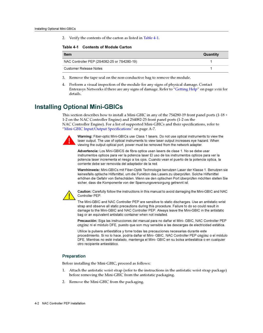 Enterasys Networks 7S4280-19-SYS, 2S4082-25-SYS manual Installing Optional Mini-GBICs, Contents of Module Carton Quantity 