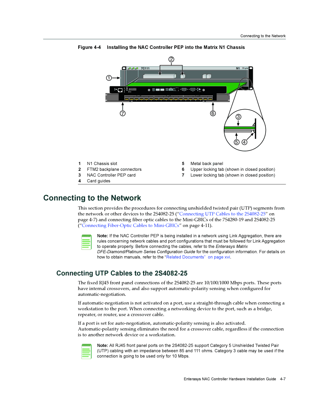 Enterasys Networks 2S4082-25-SYS, 7S4280-19-SYS manual Connecting to the Network, Connecting UTP Cables to the 2S4082-25 