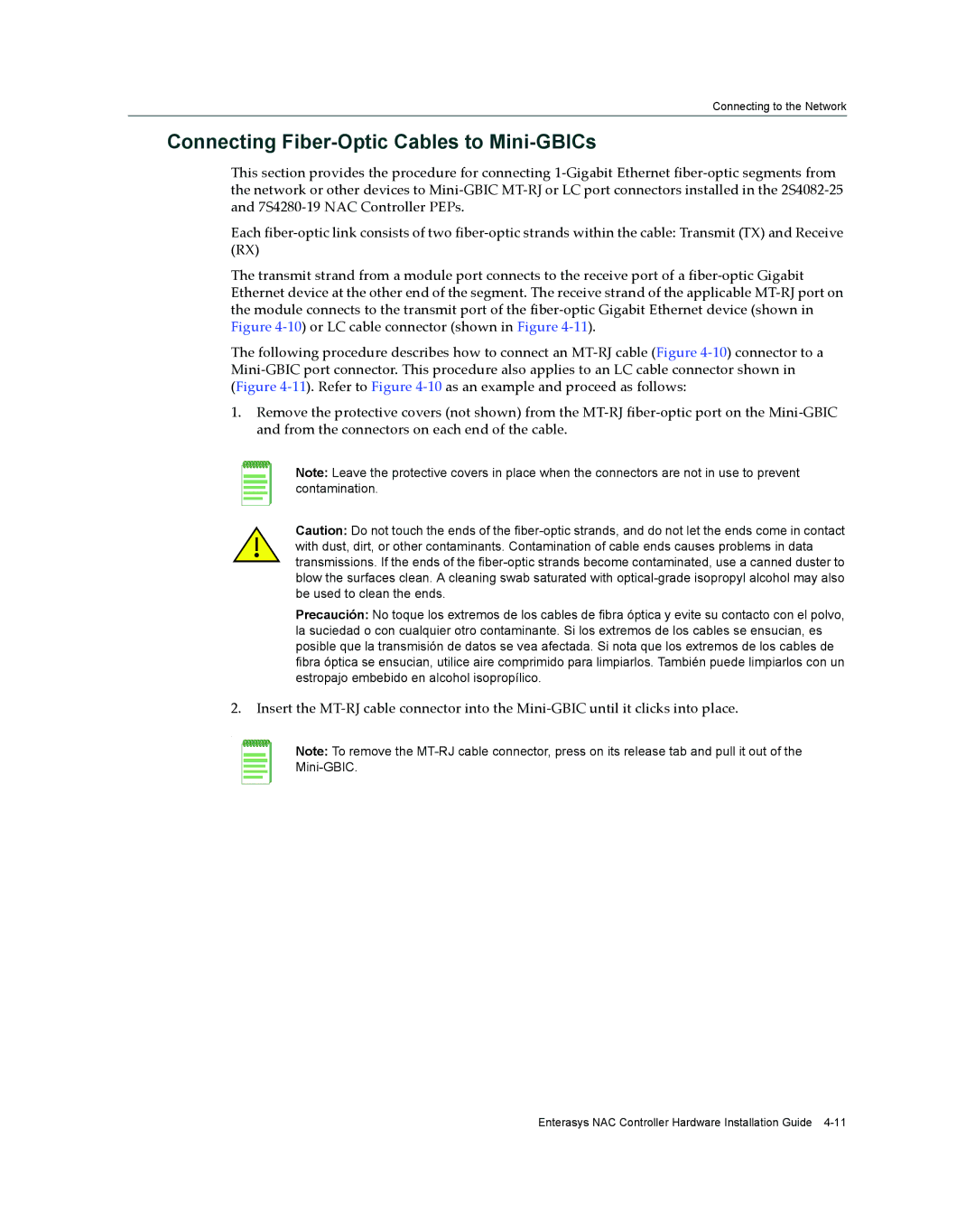 Enterasys Networks 2S4082-25-SYS, 7S4280-19-SYS manual Connecting Fiber-Optic Cables to Mini-GBICs 