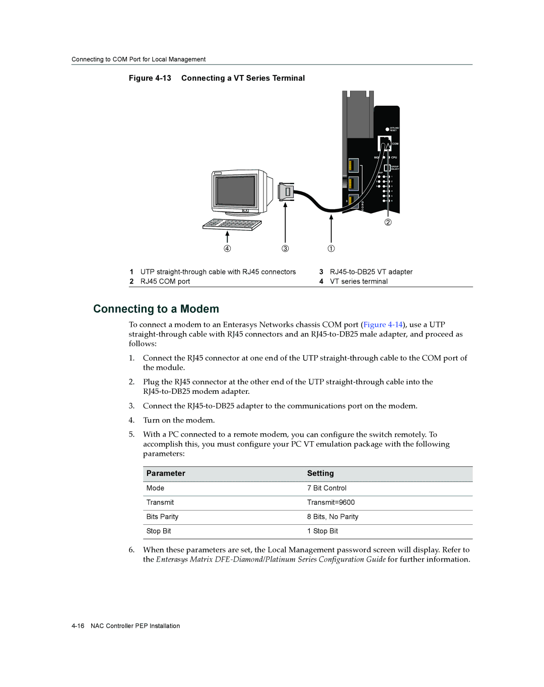 Enterasys Networks 7S4280-19-SYS, 2S4082-25-SYS manual Connecting to a Modem, Connecting a VT Series Terminal 