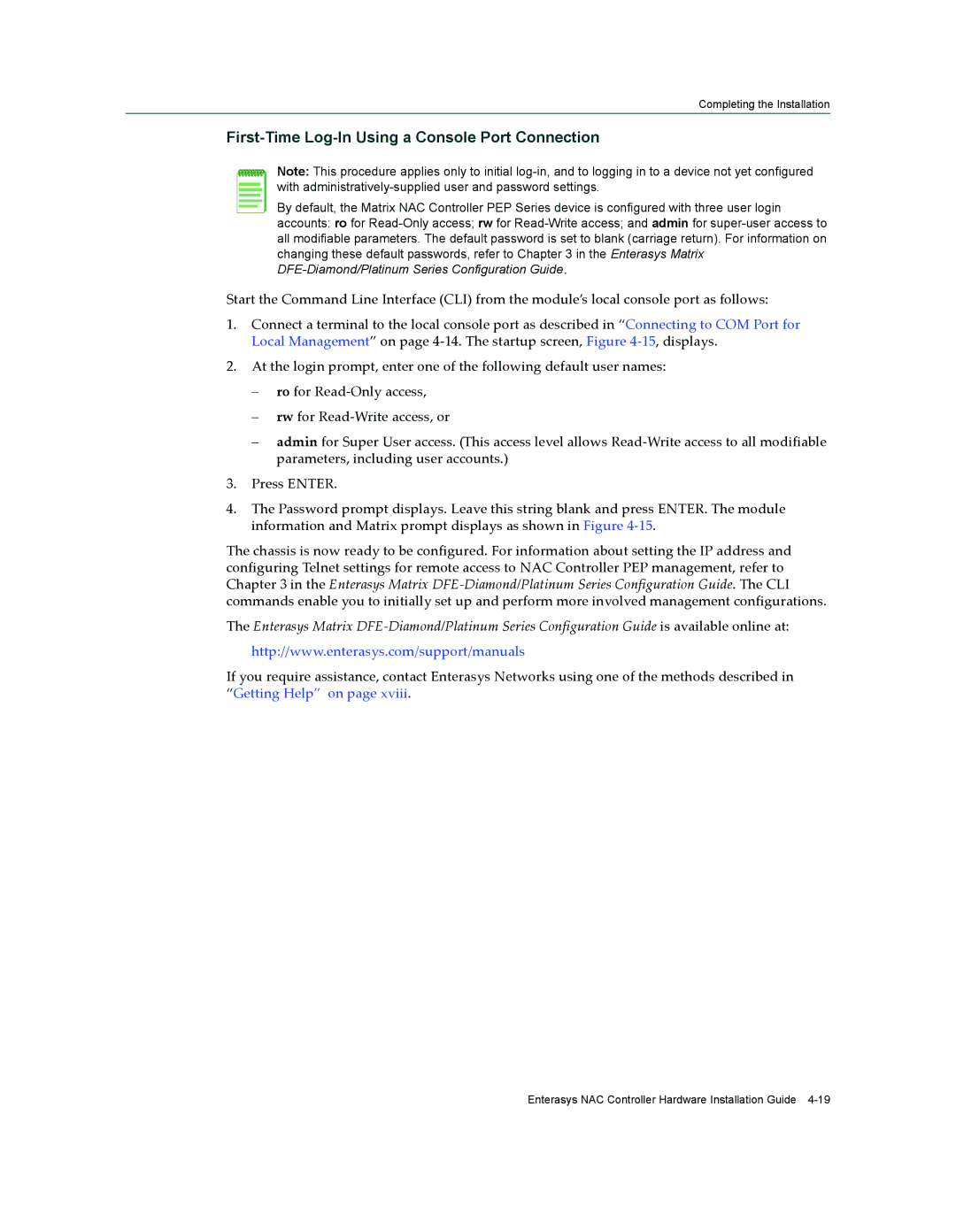 Enterasys Networks 2S4082-25-SYS, 7S4280-19-SYS manual First-Time Log-In Using a Console Port Connection 