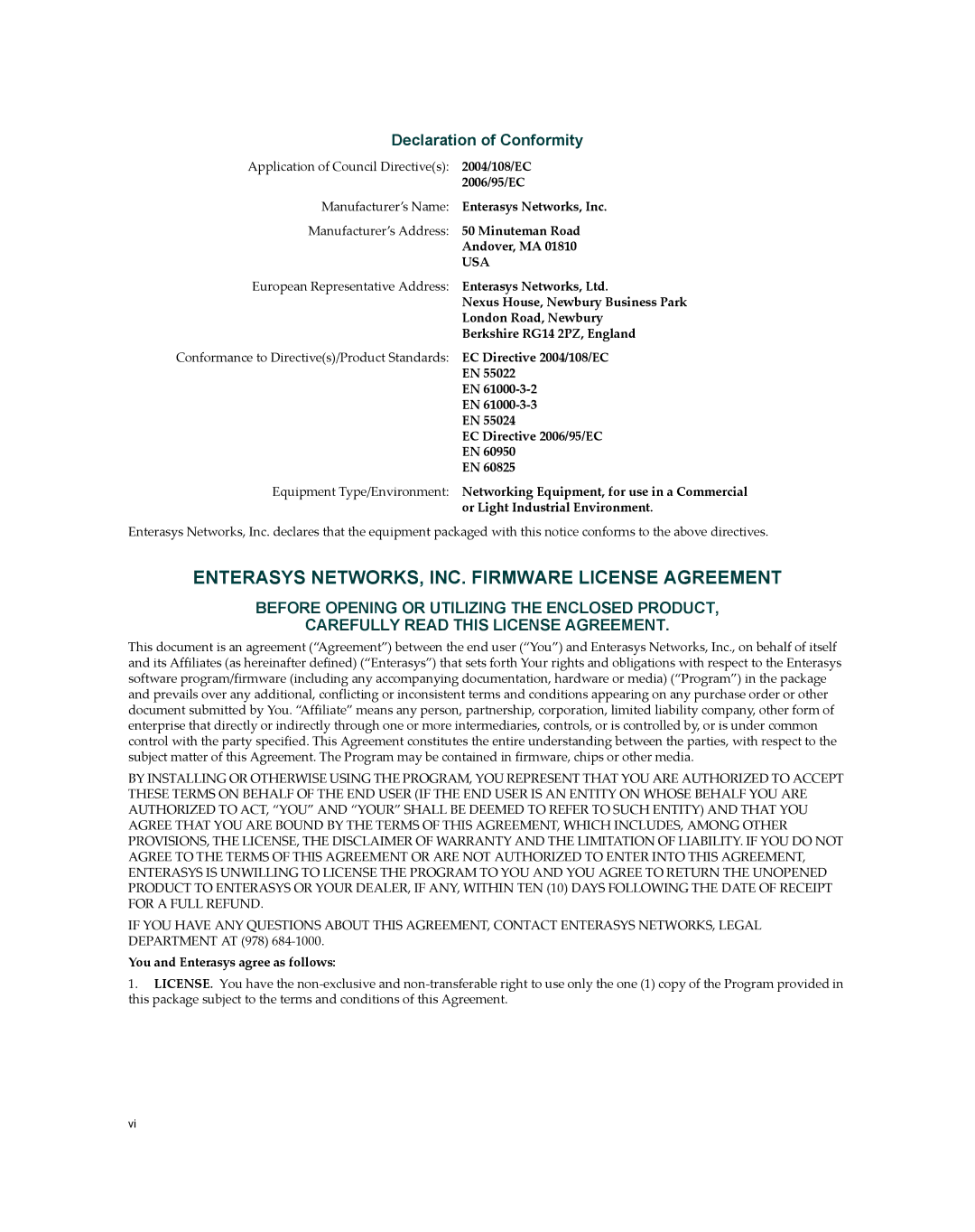 Enterasys Networks 7S4280-19-SYS, 2S4082-25-SYS manual Enterasys NETWORKS, INC. Firmware License Agreement 