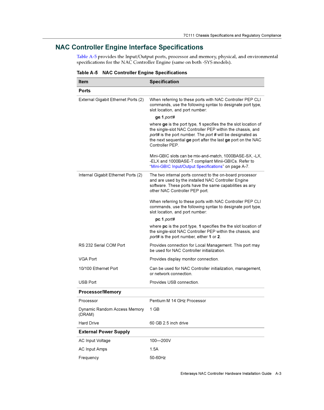 Enterasys Networks 2S4082-25-SYS NAC Controller Engine Interface Specifications, Processor/Memory, External Power Supply 