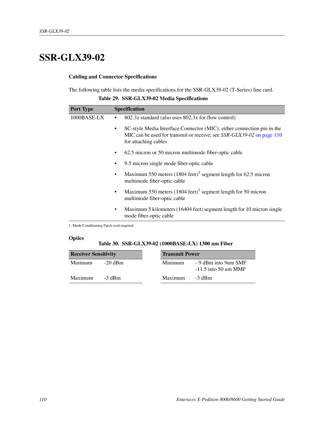 Enterasys Networks 8000/8600 manual SSR-GLX39-02, Cabling and Connector Specifications 