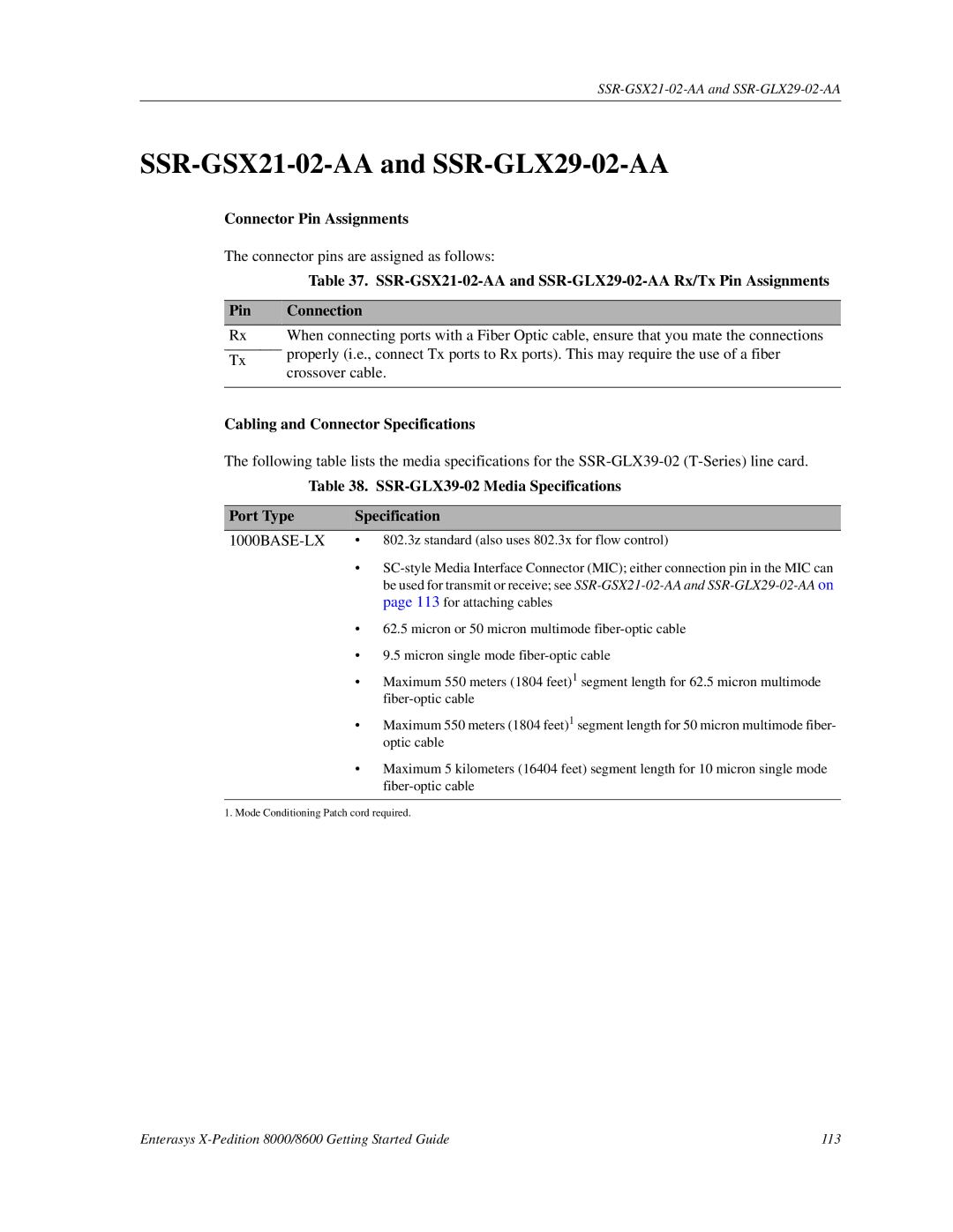 Enterasys Networks 8000/8600 SSR-GSX21-02-AA and SSR-GLX29-02-AA, SSR-GLX39-02 Media Specifications Port Type 1000BASE-LX 