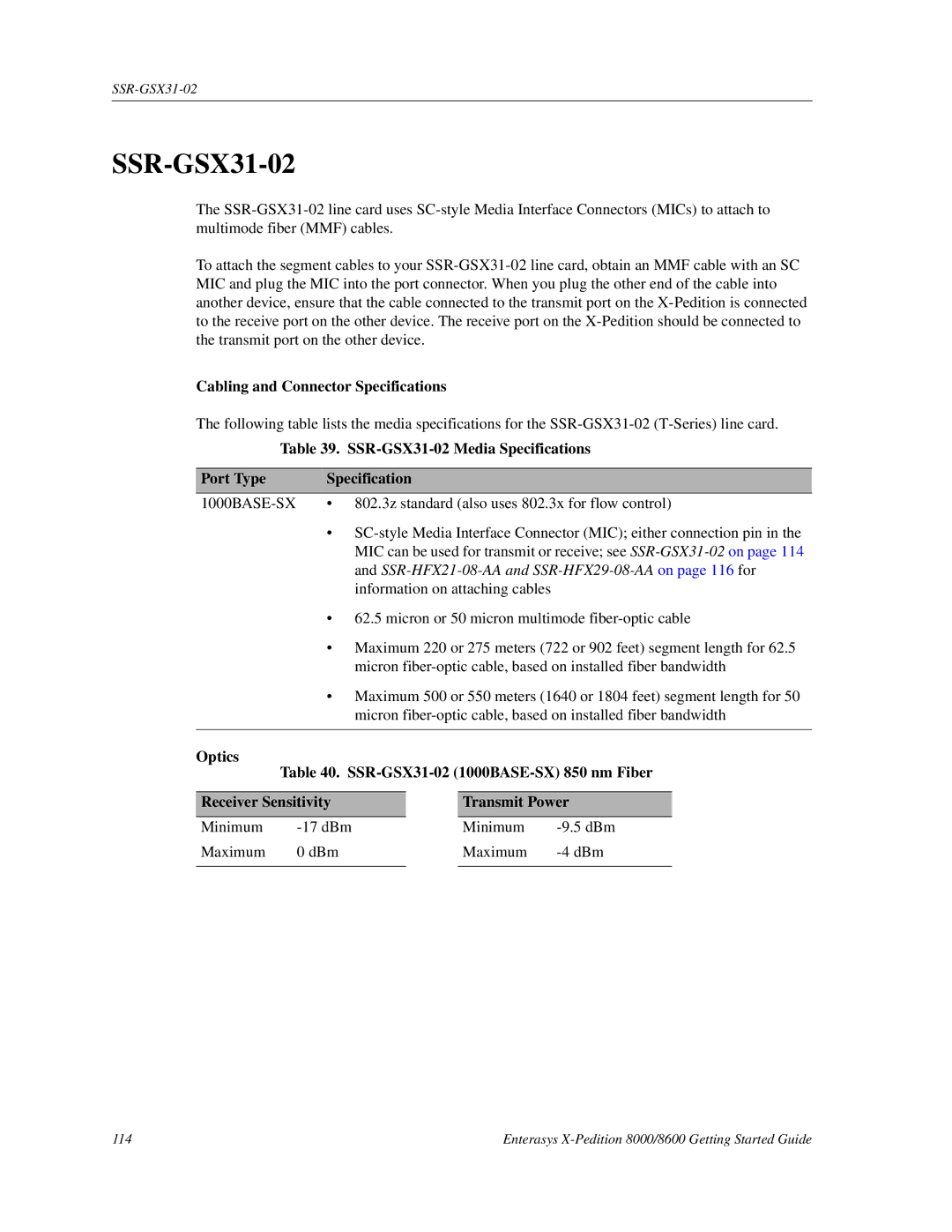 Enterasys Networks 8000/8600 manual SSR-GSX31-02 Media Specifications Port Type 