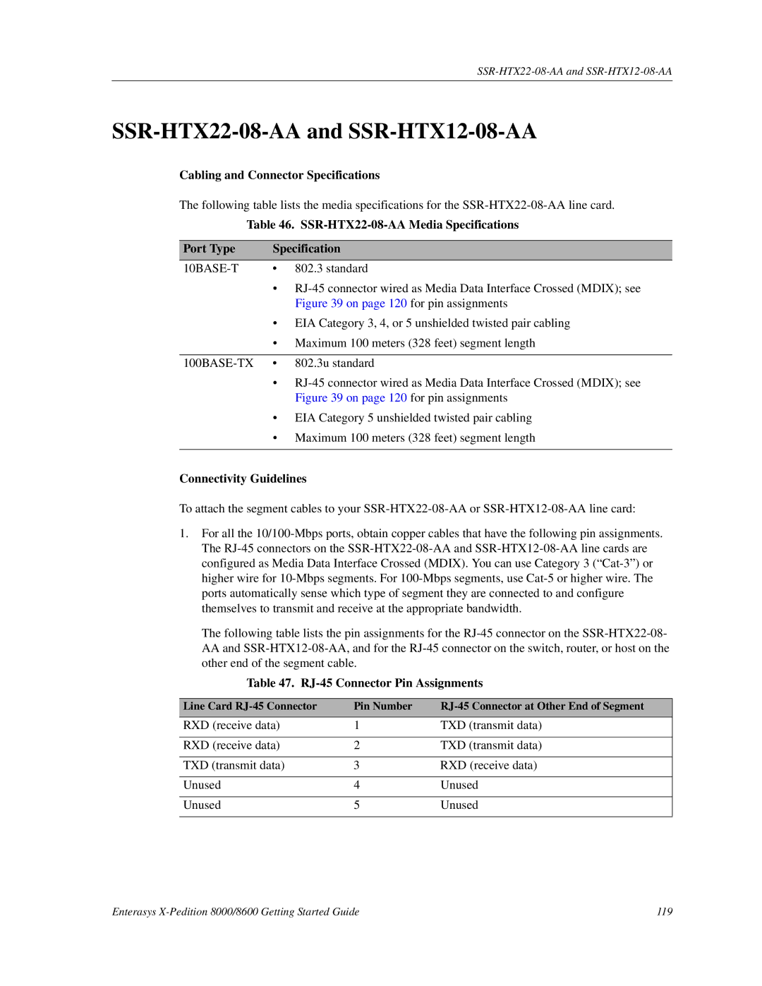 Enterasys Networks 8000/8600 manual SSR-HTX22-08-AA and SSR-HTX12-08-AA, SSR-HTX22-08-AA Media Specifications Port Type 