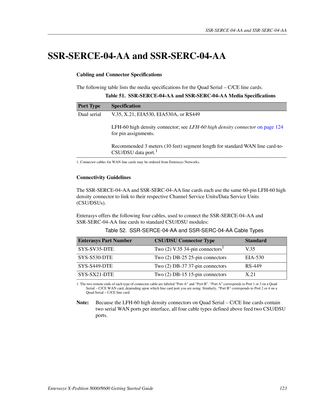 Enterasys Networks 8000/8600 manual SSR-SERCE-04-AA and SSR-SERC-04-AA Media Specifications 