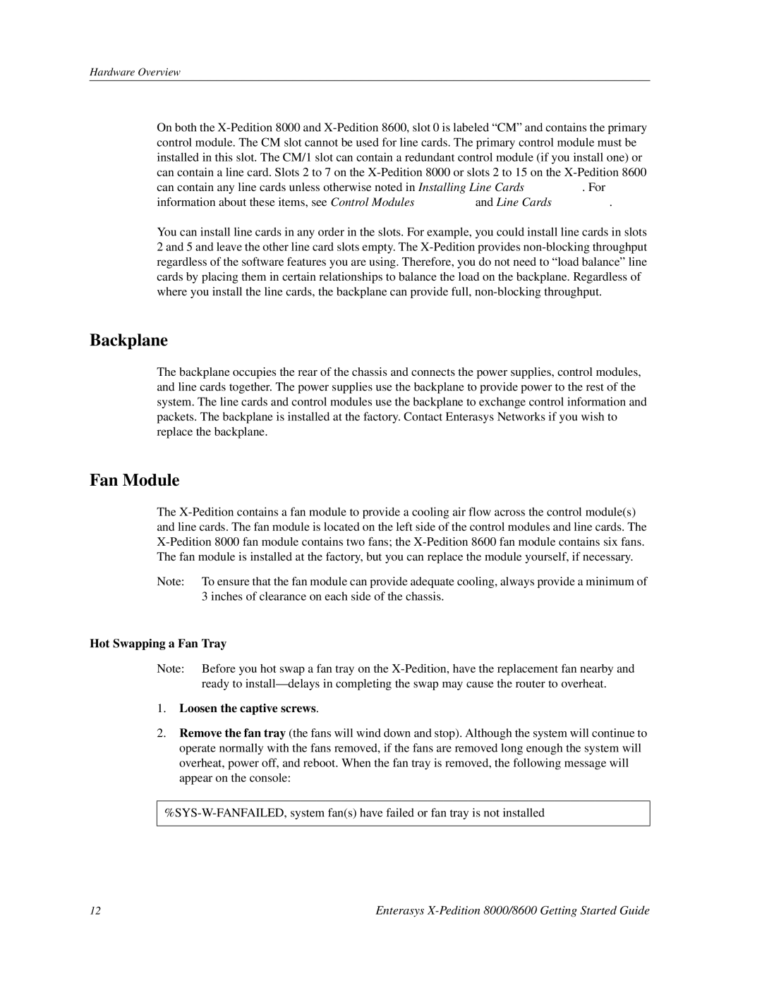 Enterasys Networks 8000/8600 manual Backplane, Fan Module, Hot Swapping a Fan Tray Loosen the captive screws 