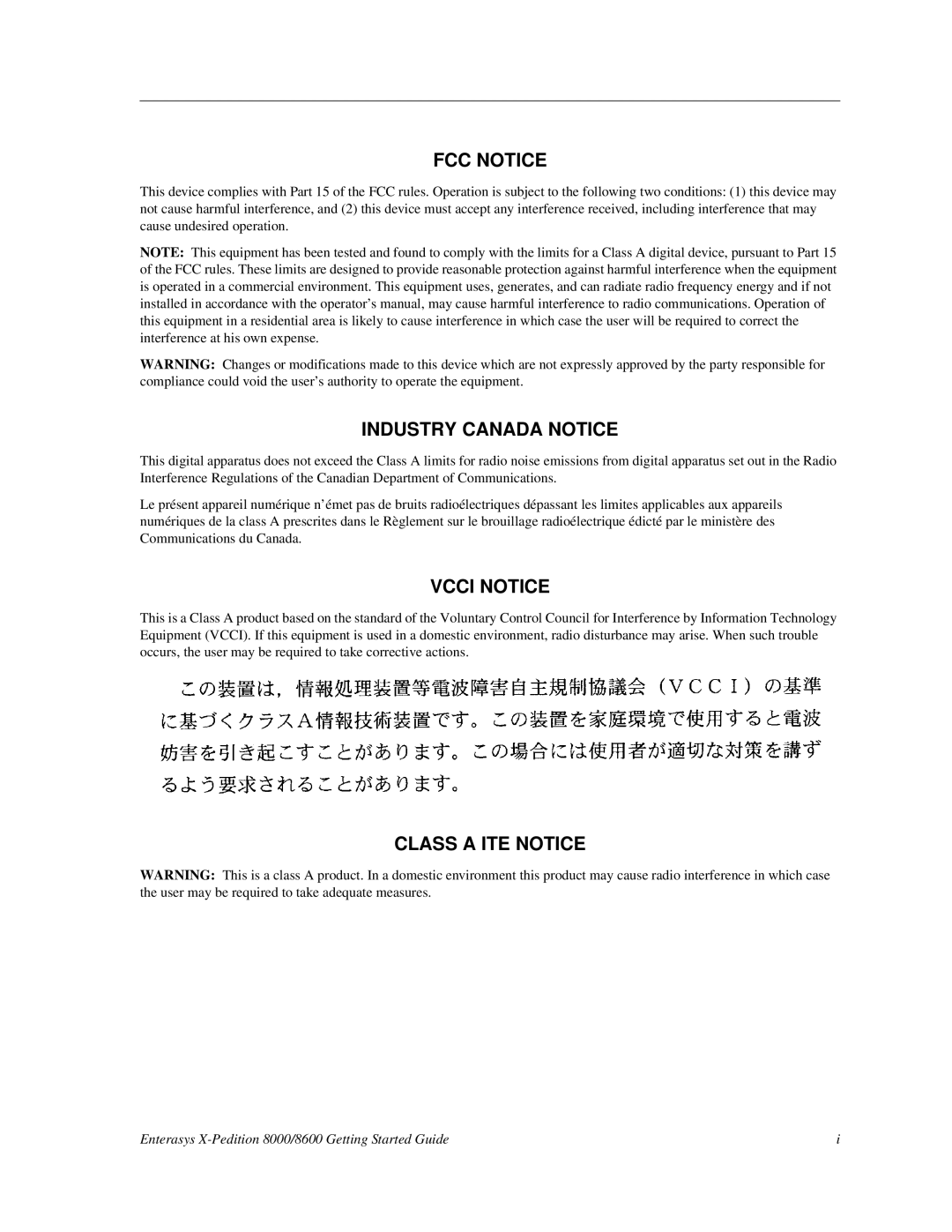 Enterasys Networks 8000/8600 manual Class a ITE Notice 