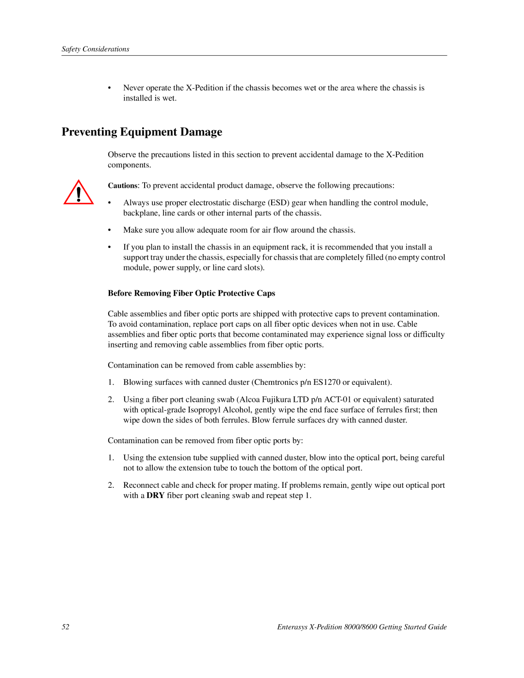 Enterasys Networks 8000/8600 manual Preventing Equipment Damage, Before Removing Fiber Optic Protective Caps 