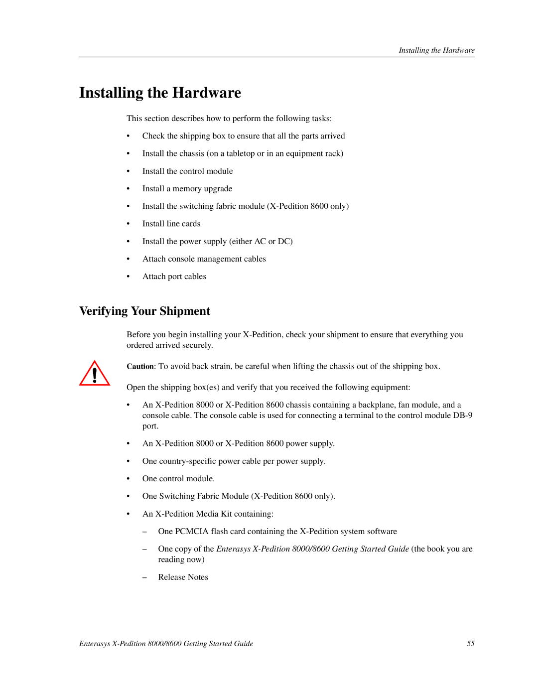 Enterasys Networks 8000/8600 manual Installing the Hardware, Verifying Your Shipment 