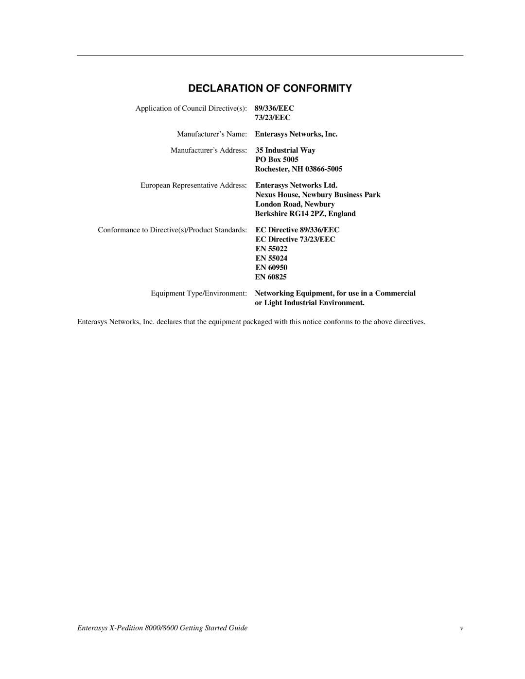 Enterasys Networks 8000/8600 manual Declaration of Conformity 